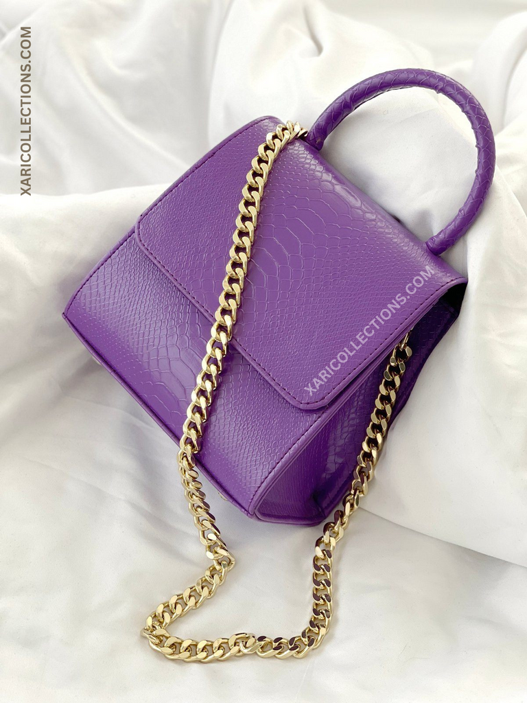 Trendy purple bag with a gold chain handle & long strap – Rado Fashion Store