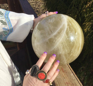 Citrine Large 23 Lb. Crystal Ball ~ 8&quot; Wide ~ Huge Golden Yellow Banded Polished Sphere ~ White Lines ~ Sparkling Silver & Gold Inclusions