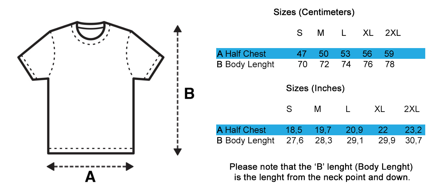 t-shirt size chart of Hug Tee by B.Different Clothing independent streetwear inspired by street art graffiti