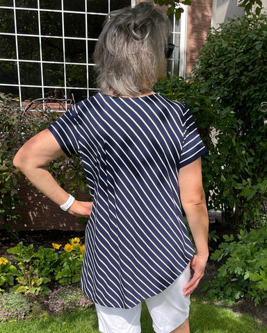 Blue striped T back view