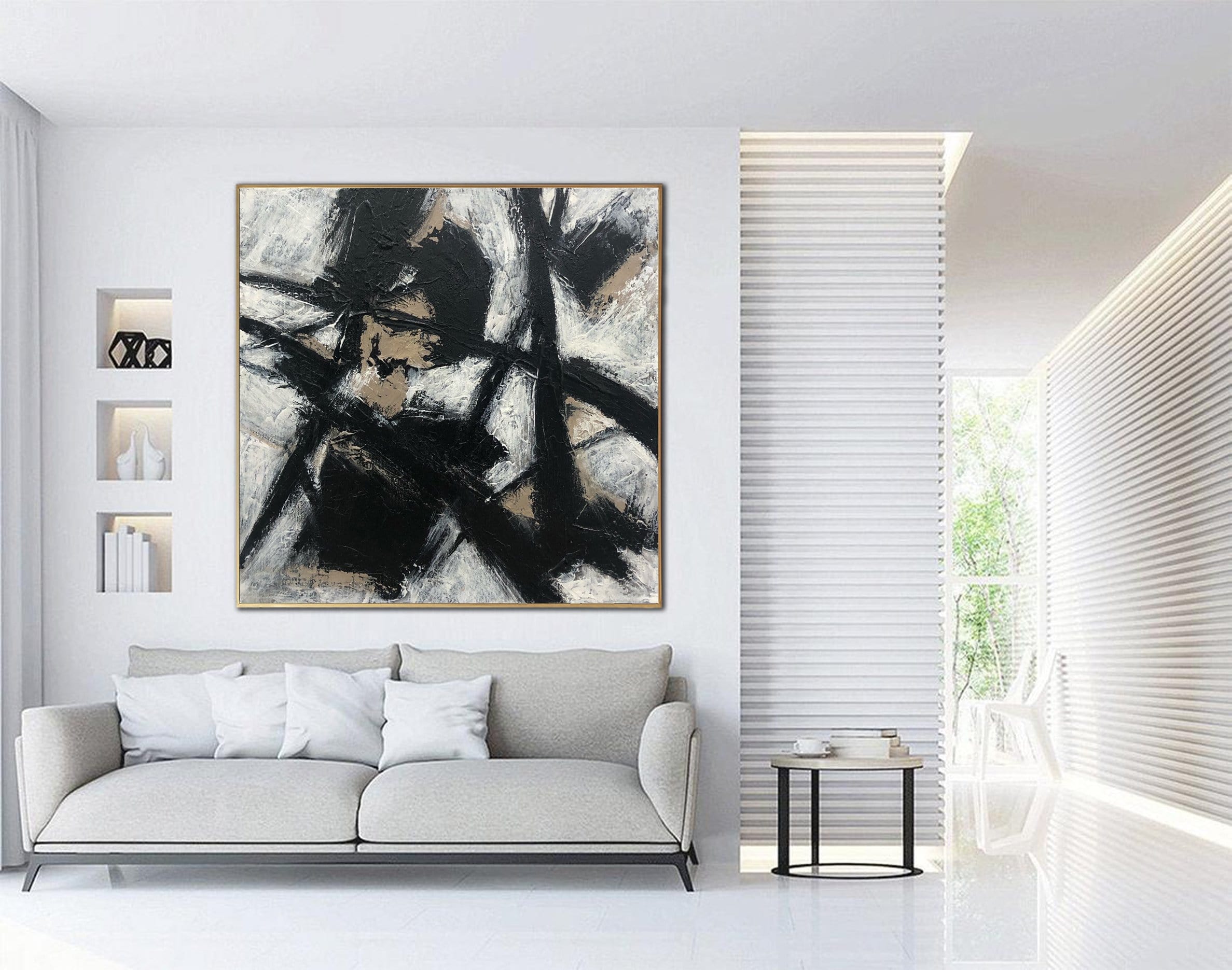 Large Abstract Black and White Wall Art Minimalist Painting Beige Artw ...