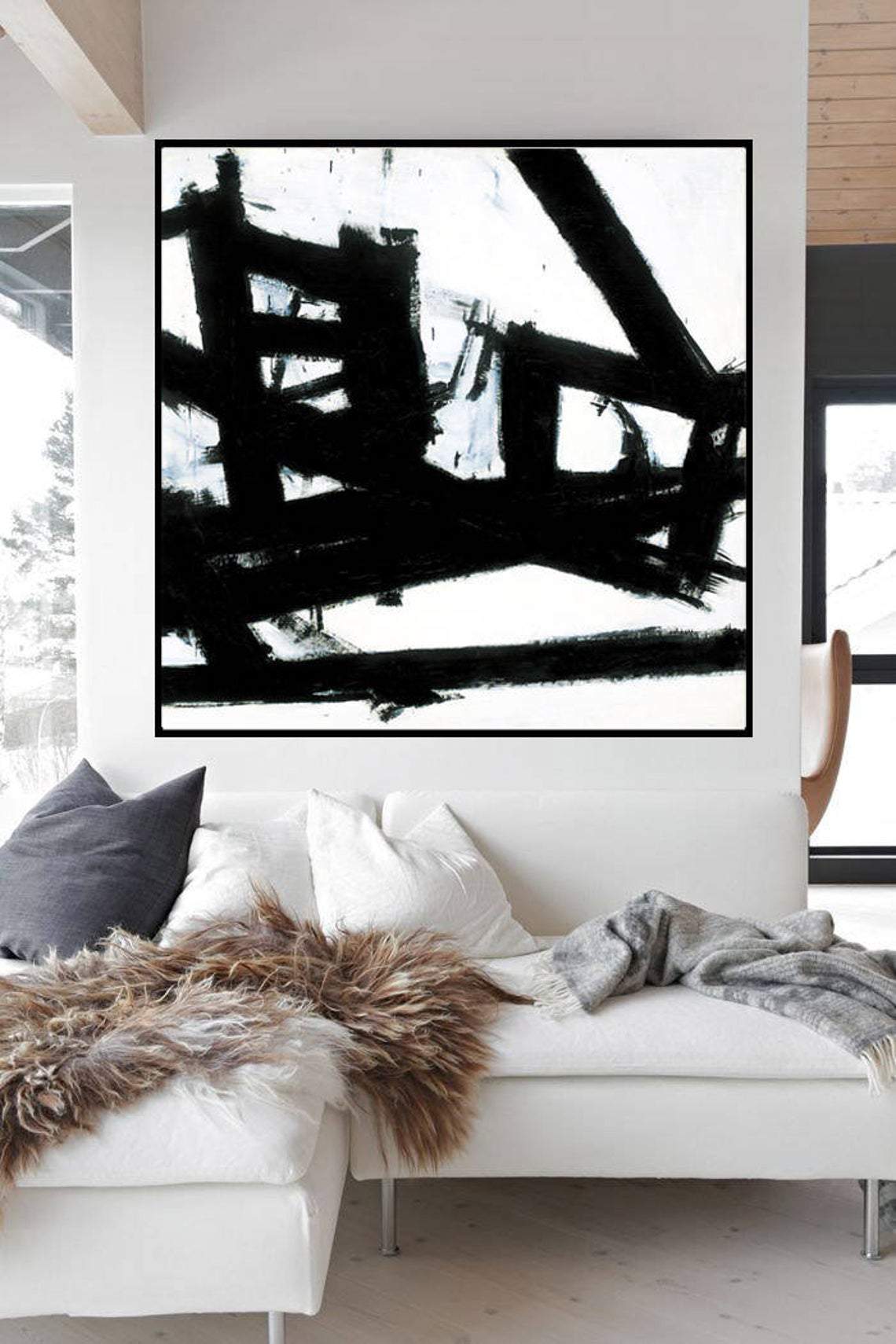 Oversized Abstract Art Black And White Abstract Canvas Black Wall Art
