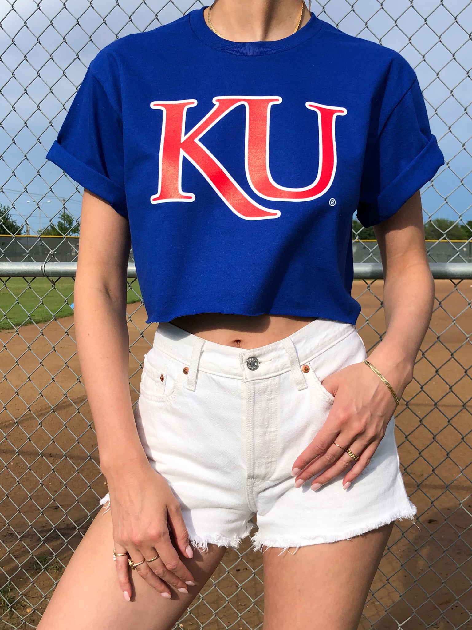 Women's Established & Co. #65 Royal Kansas Jayhawks Fashion Boxy Cropped Football Jersey Size: Small