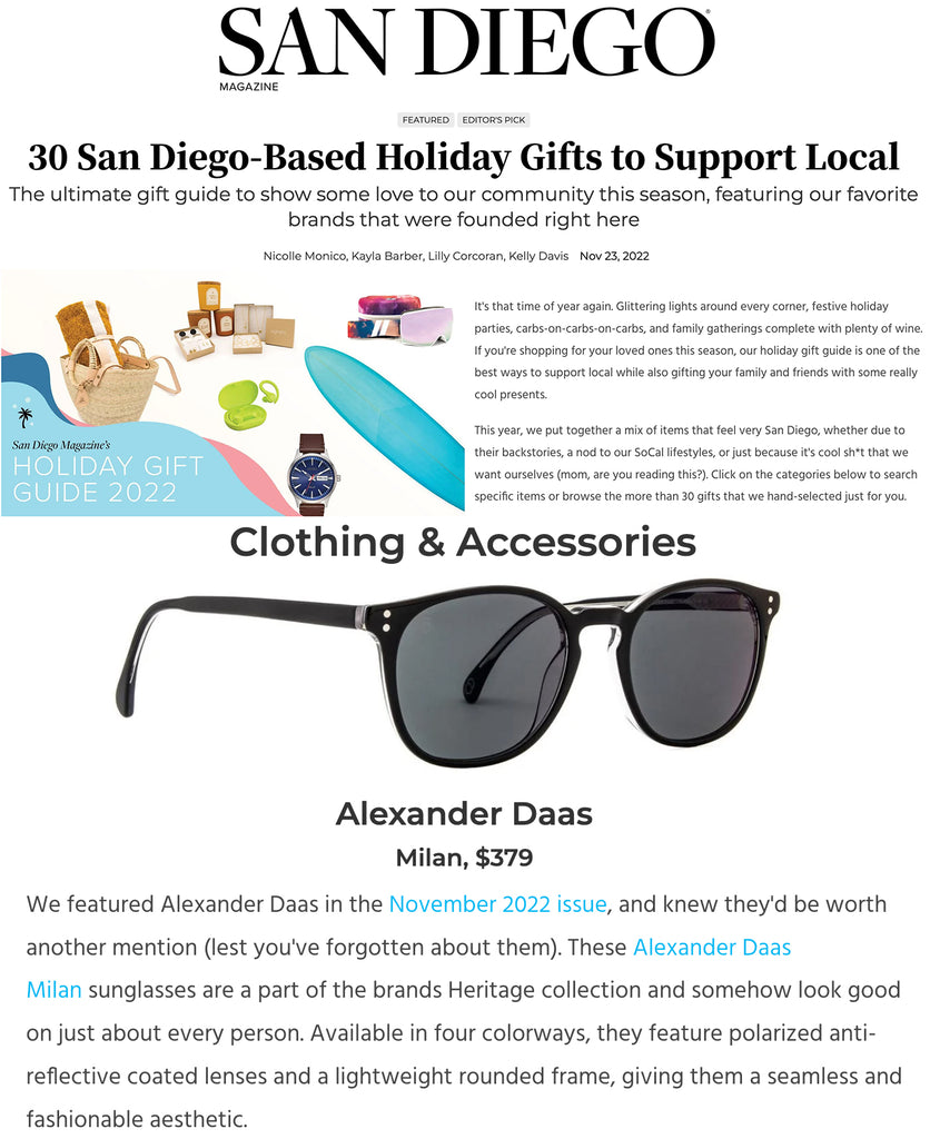 San Diego Magazine featuring Alexander Daas Milan Sunglasses