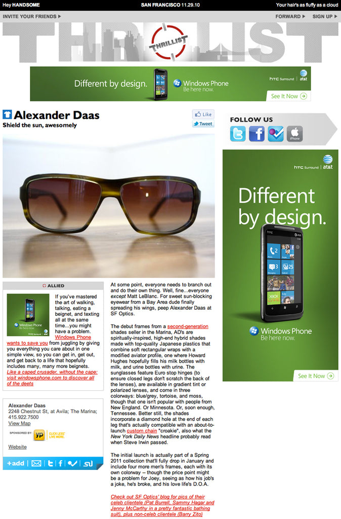 Thrill List Webpage featuring Alexander Daas Sunglasses