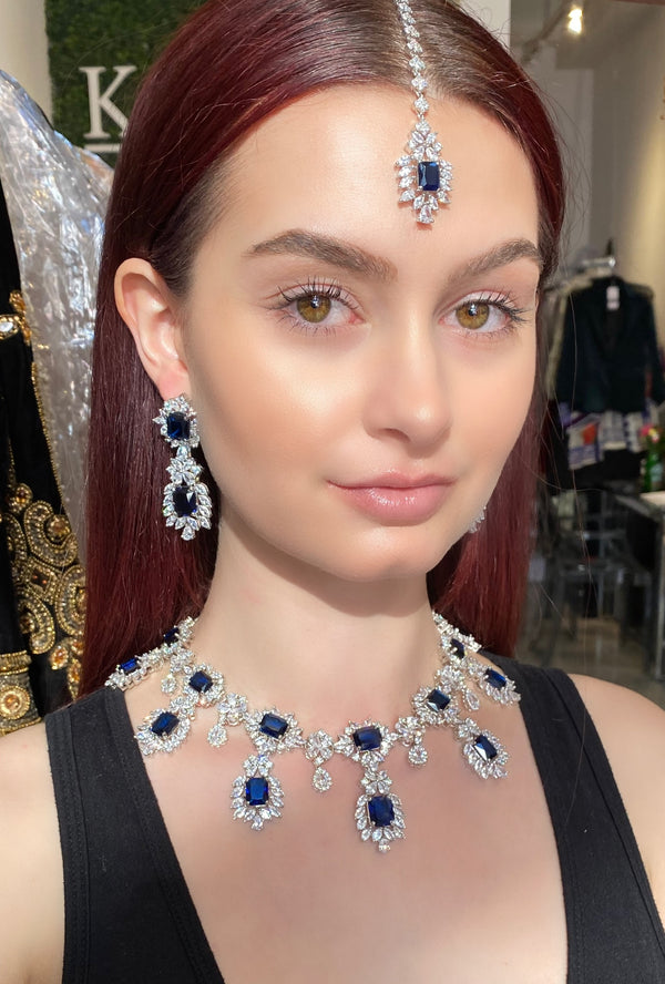 Sapphire Princess Cut Necklace and Earrings and Tikka