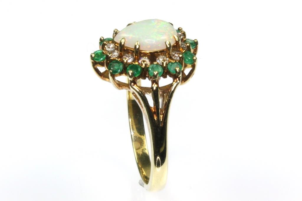 Opal, Emerald, and Diamond Ring