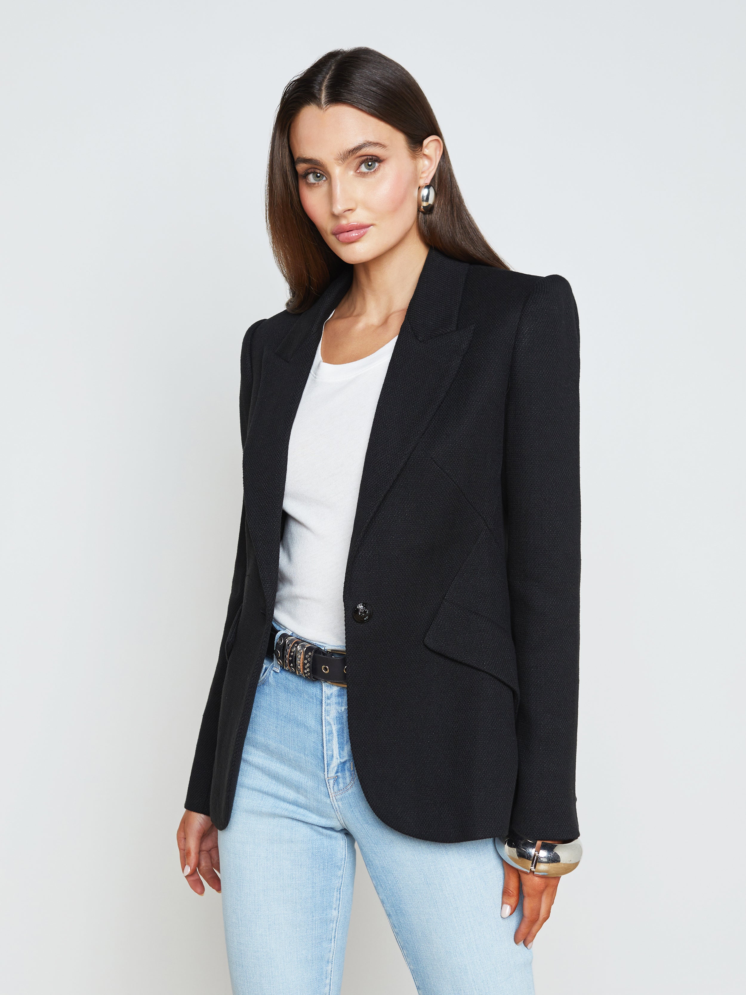 L Agence Chamberlain Linen-blend Blazer In Black