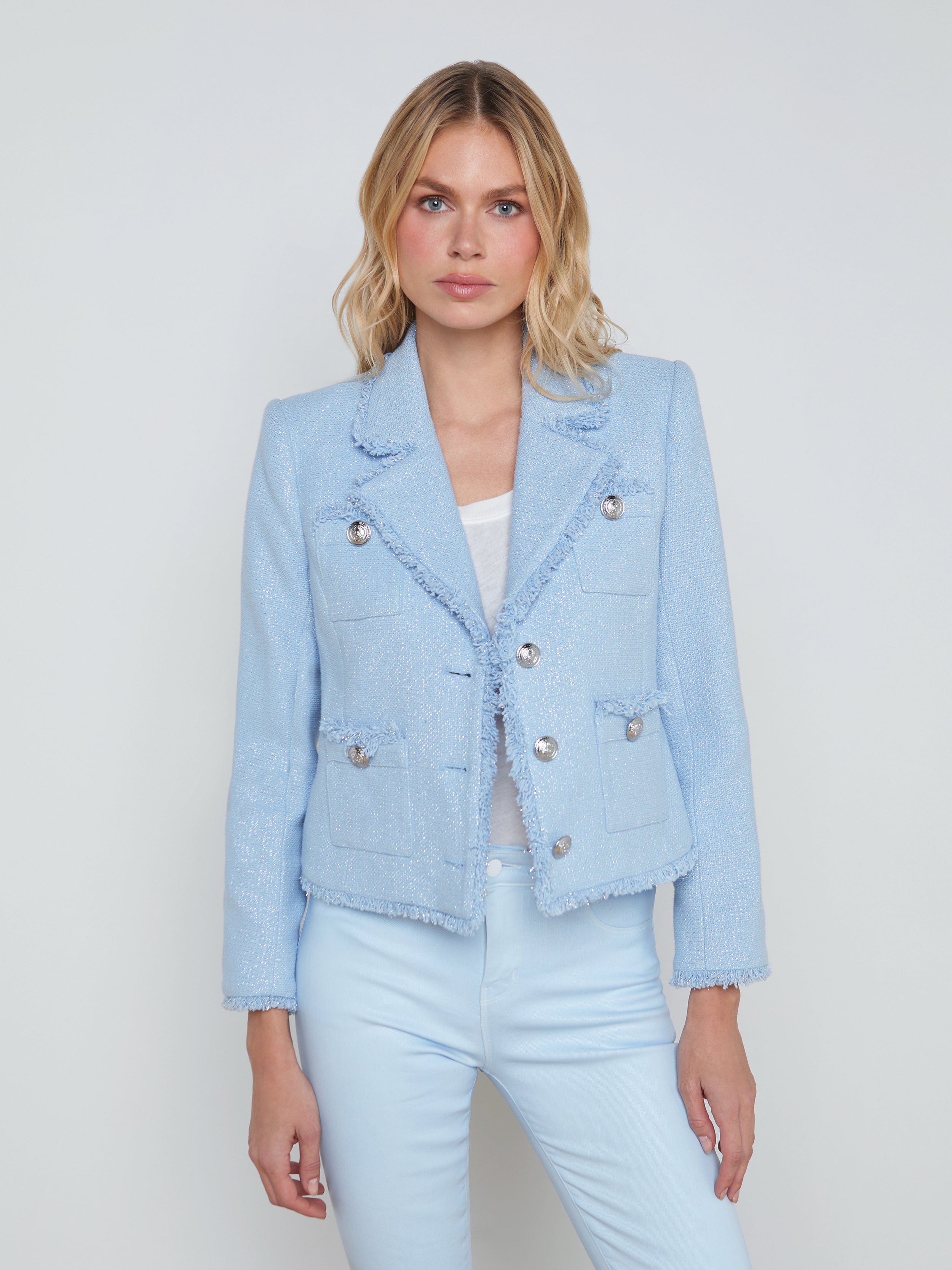 Shop L Agence Sylvia Collared Jacket In Pale Blue Silver