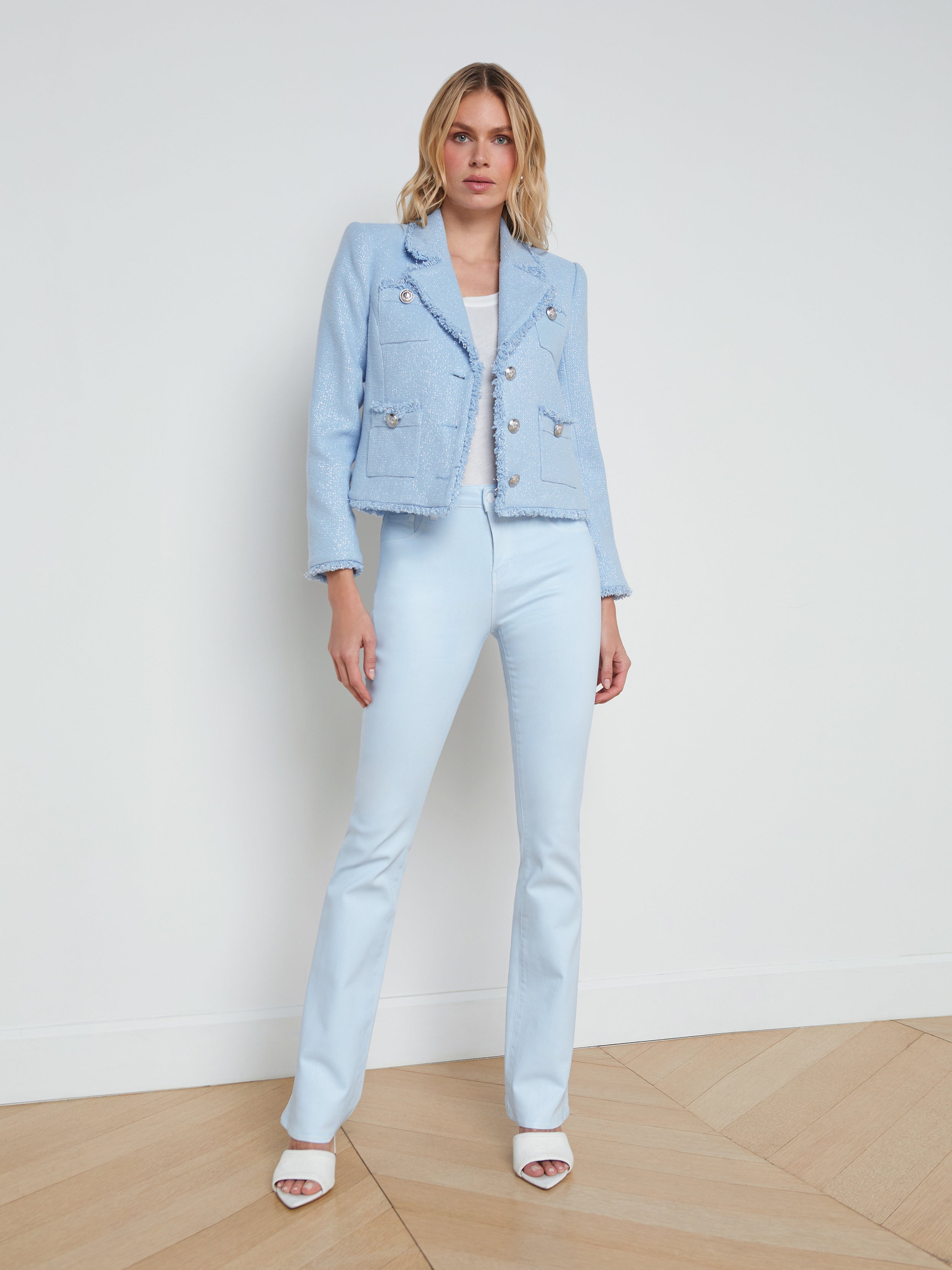 Shop L Agence Sylvia Collared Jacket In Pale Blue Silver