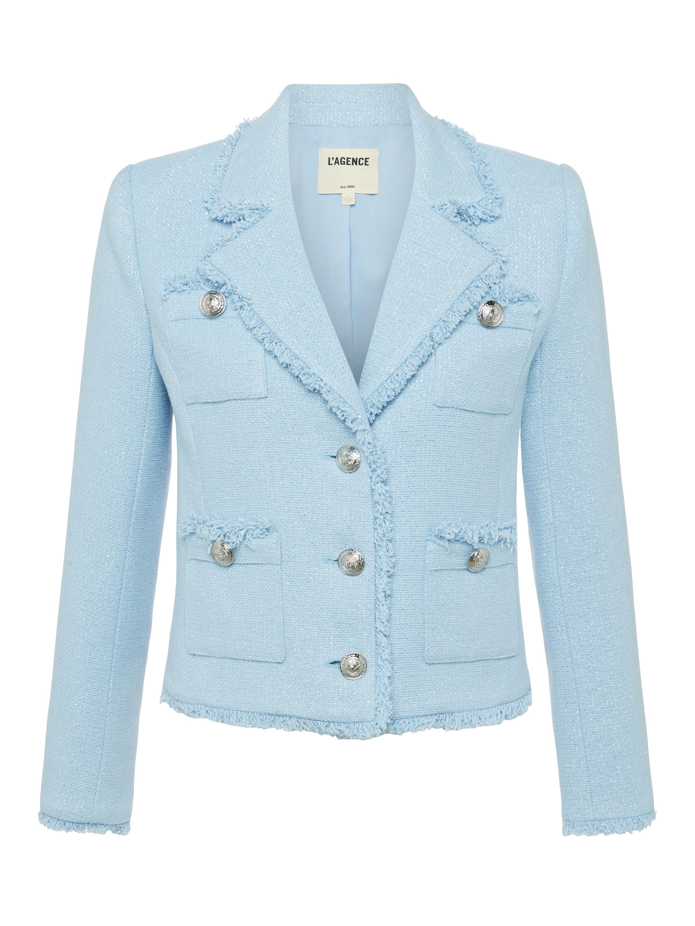 Shop L Agence Sylvia Collared Jacket In Pale Blue Silver