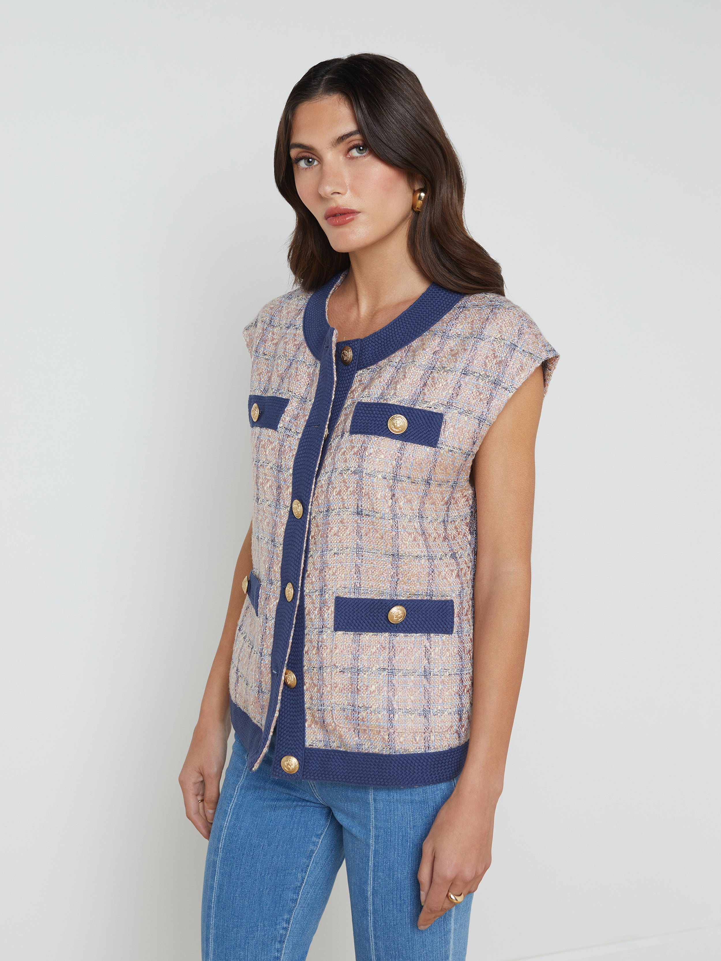 Shop L Agence Laurel Tweed Oversized Vest In Tan/dusty Pink/blue