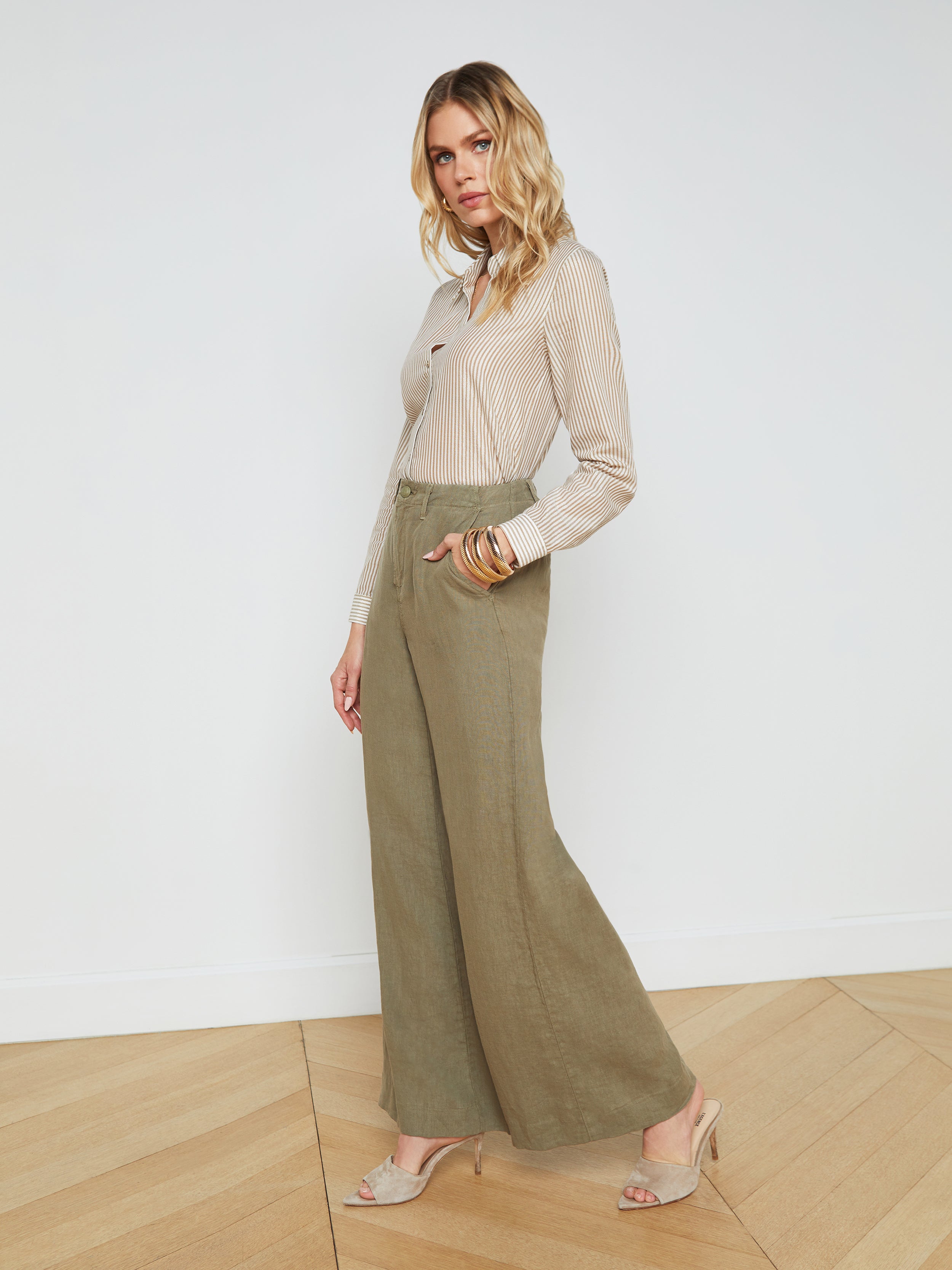 Shop L Agence Brie Linen Pant In Covert Green