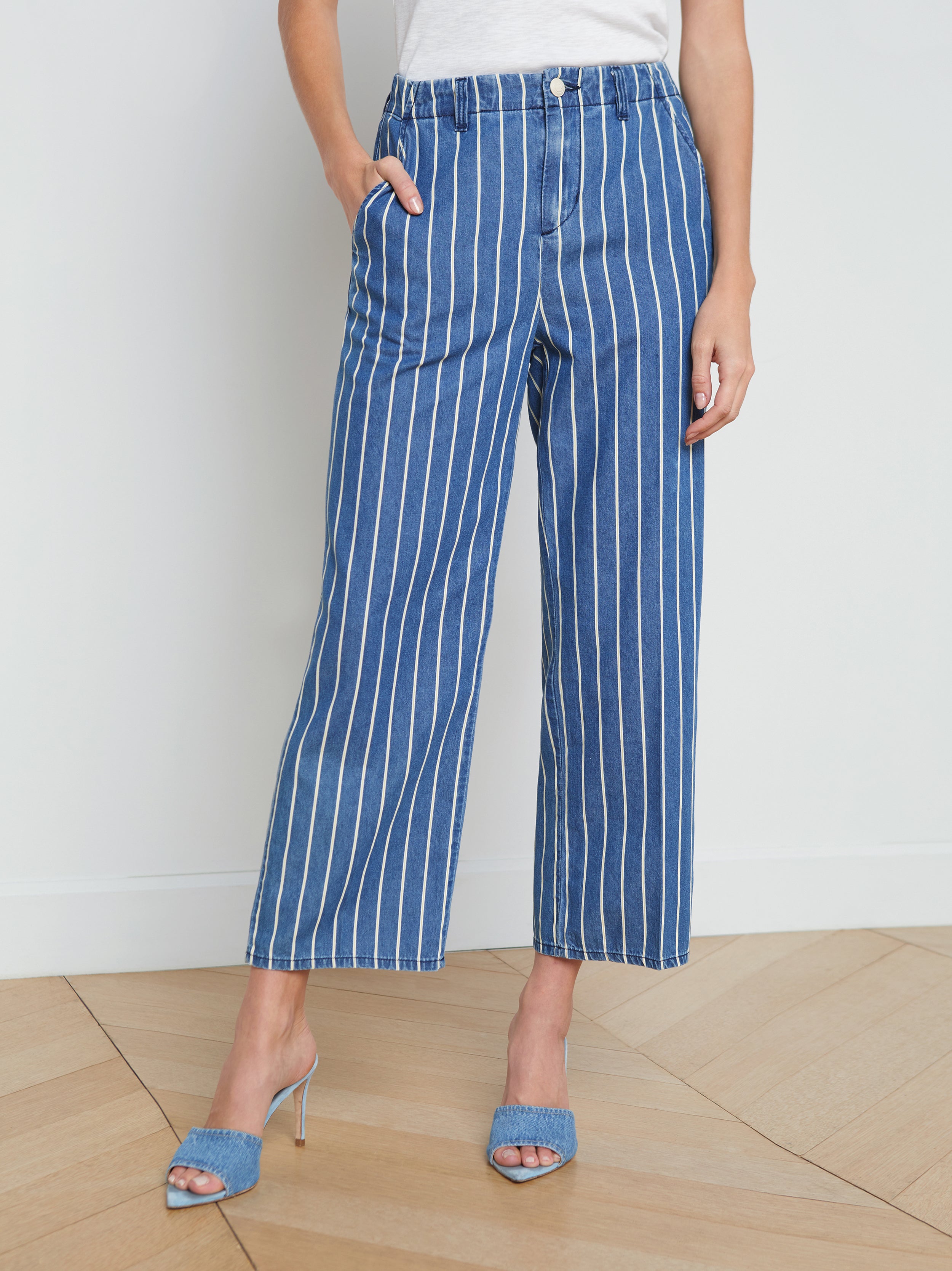 Shop L Agence Zayne Striped Straight-leg Jean In Denim Stripe