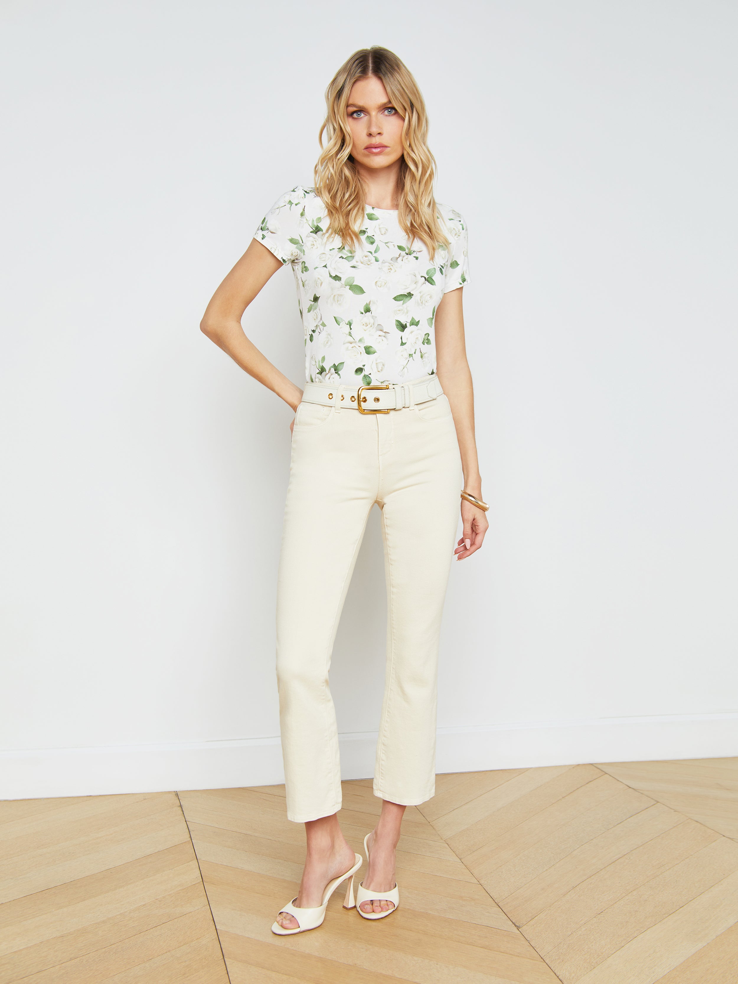 Shop L Agence Mira Cropped Bootcut Jean In Creme Brulee