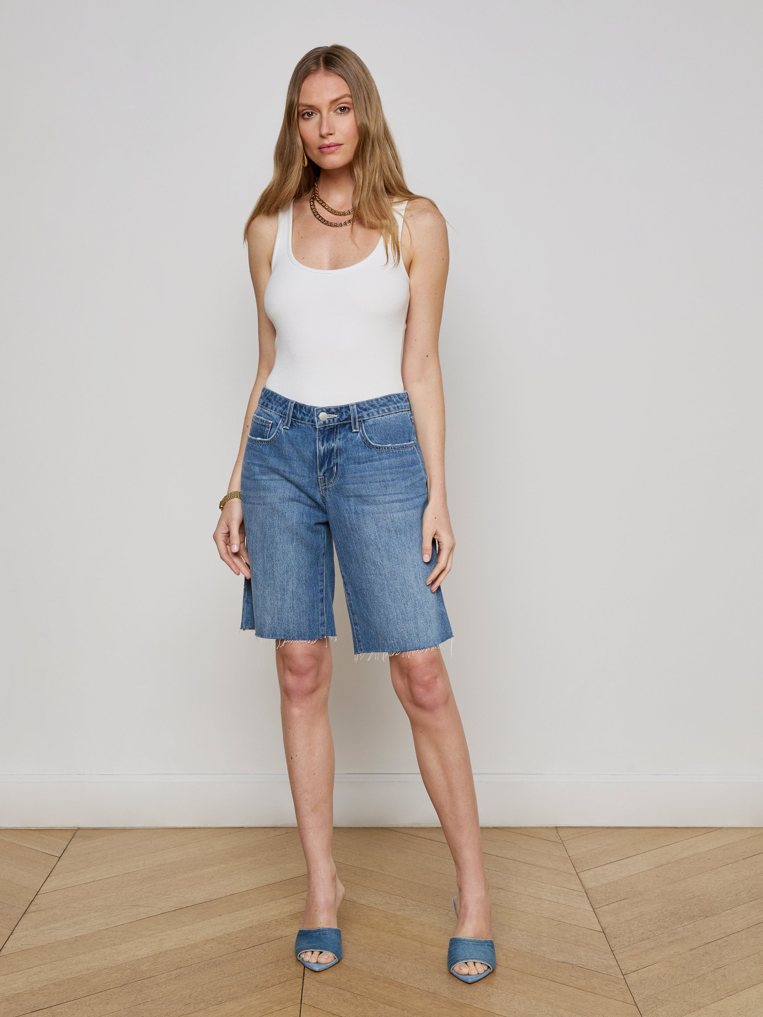L Agence Elise Denim Bermuda Short In Woodrow
