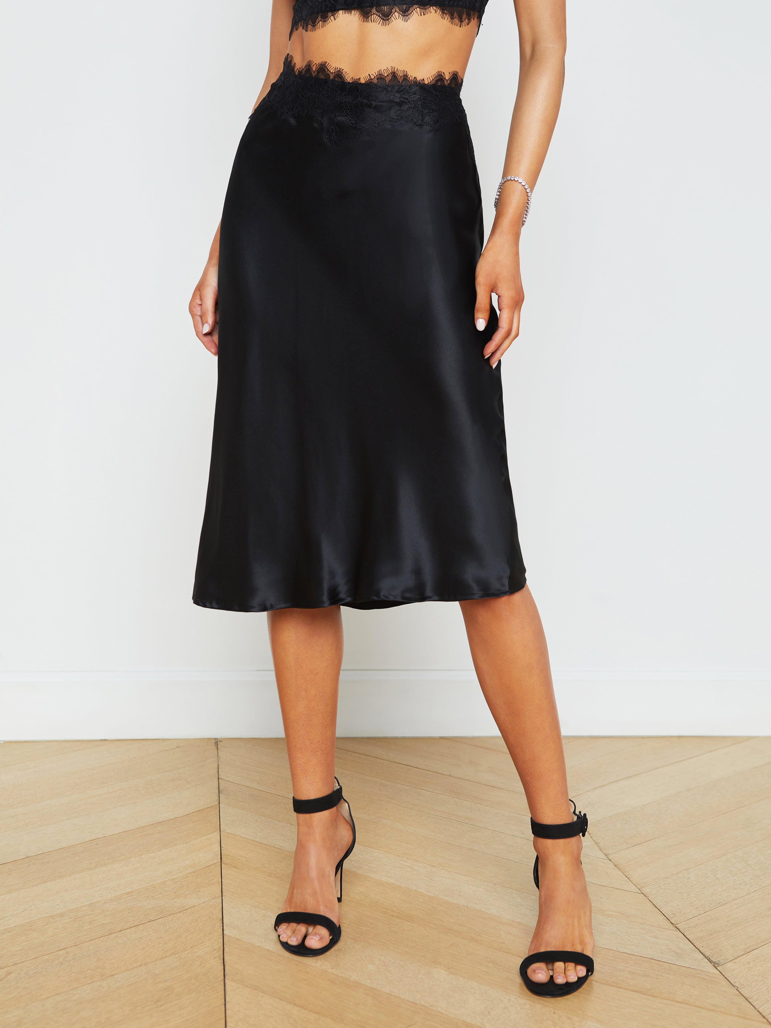 Shop L Agence Loyal Lace-trim Silk Skirt In Black