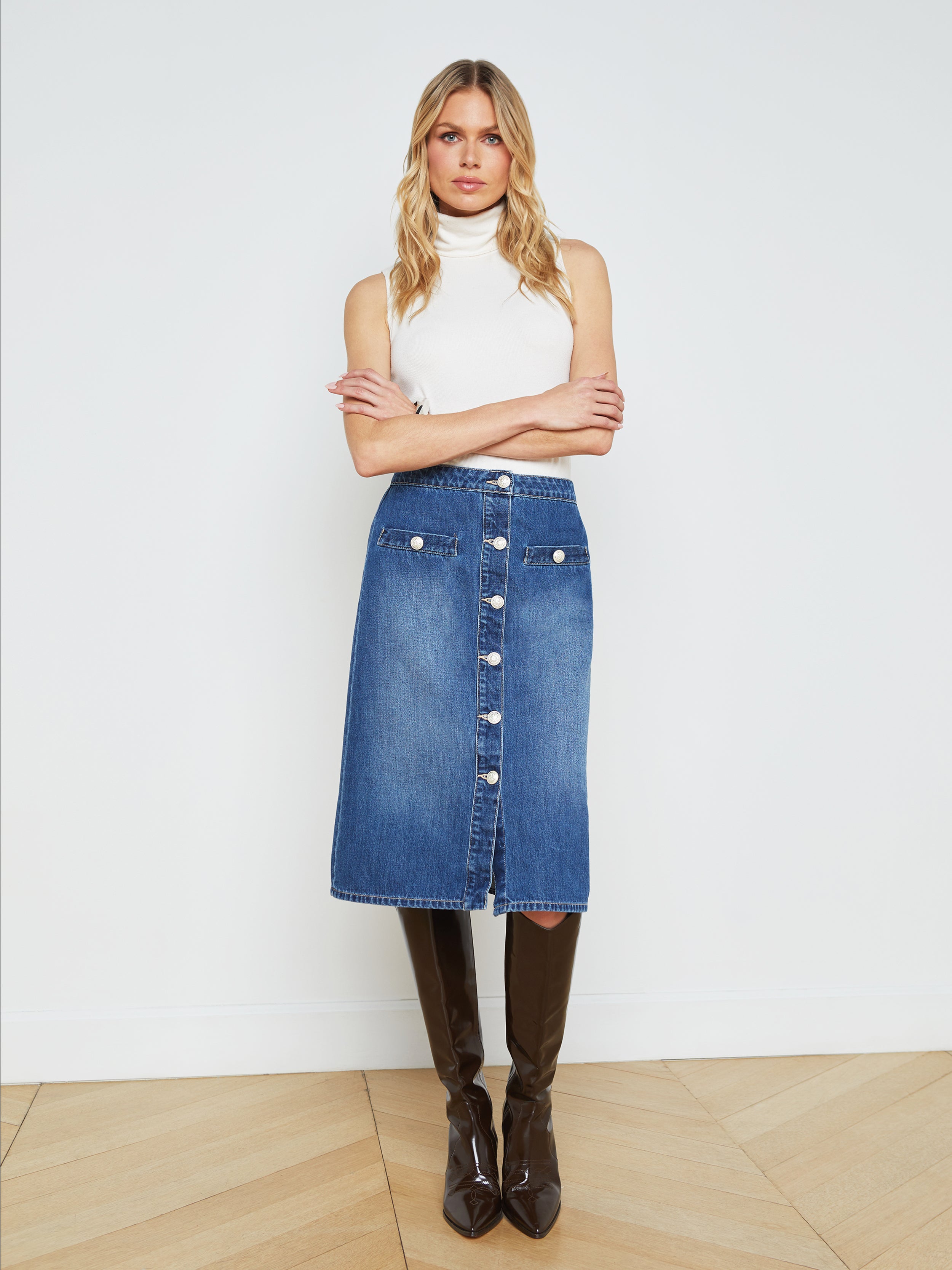 Shop L Agence Landry Denim Skirt In Verdugo