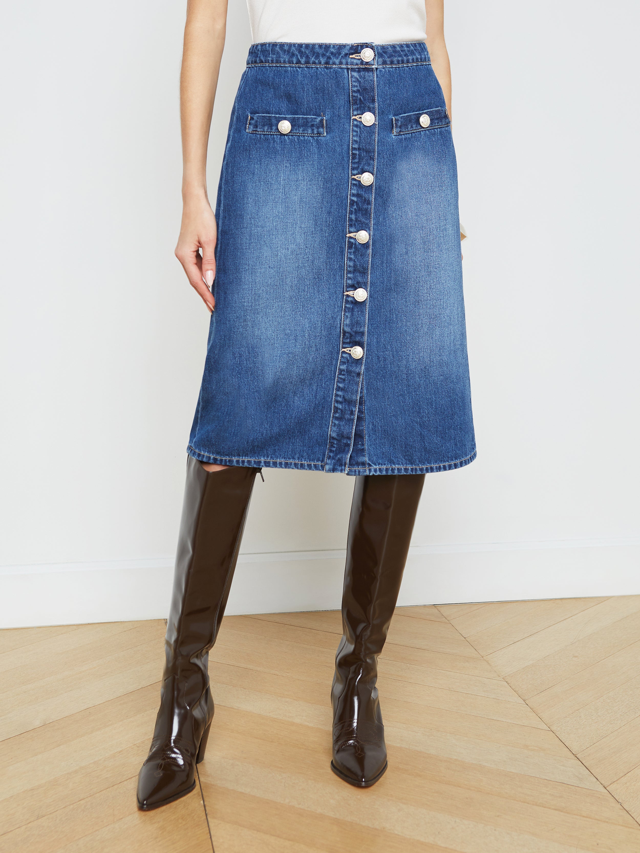 Shop L Agence Landry Denim Skirt In Verdugo