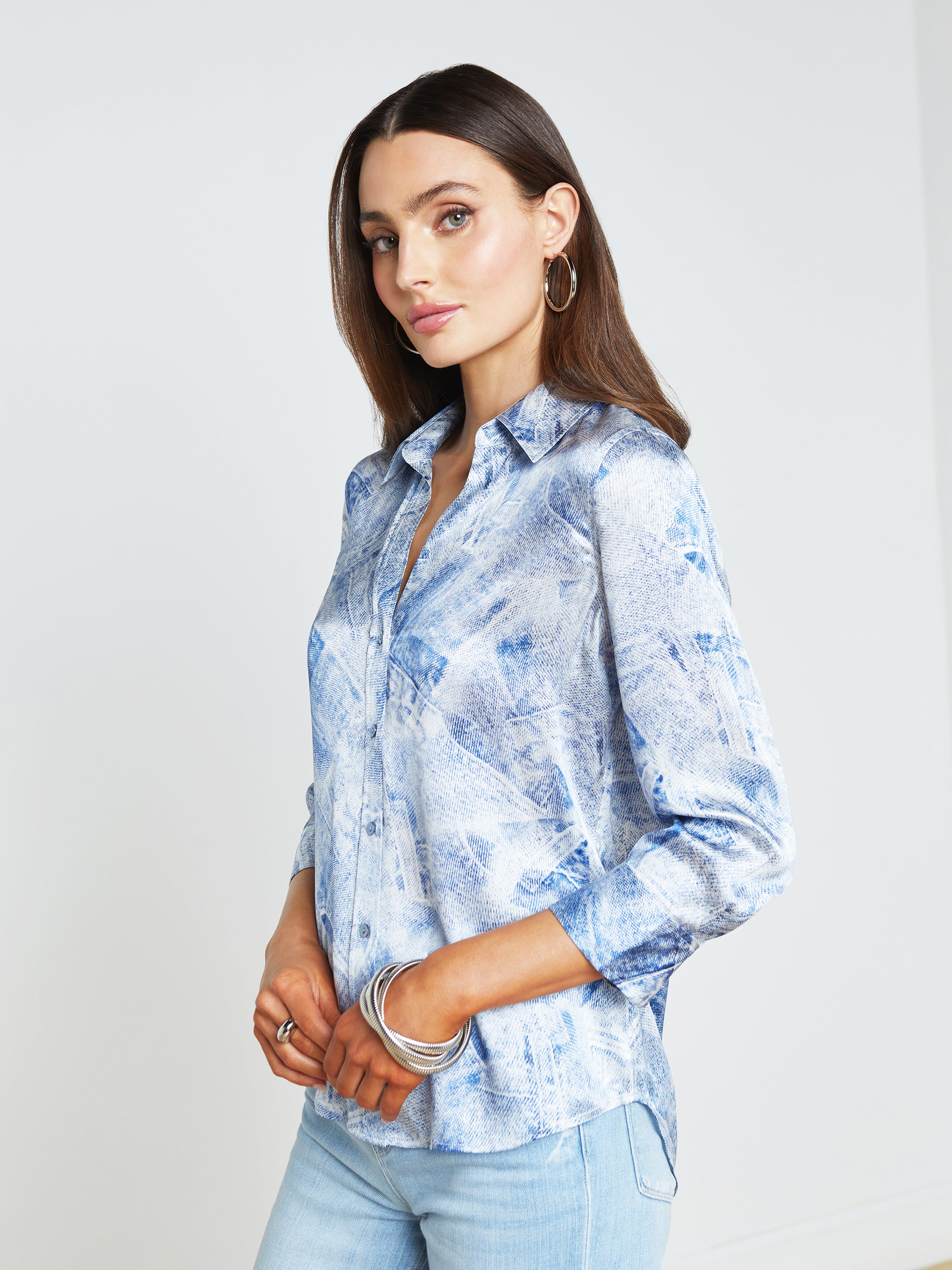 Shop L Agence Dani Silk Blouse In Blue Multi Denim Print