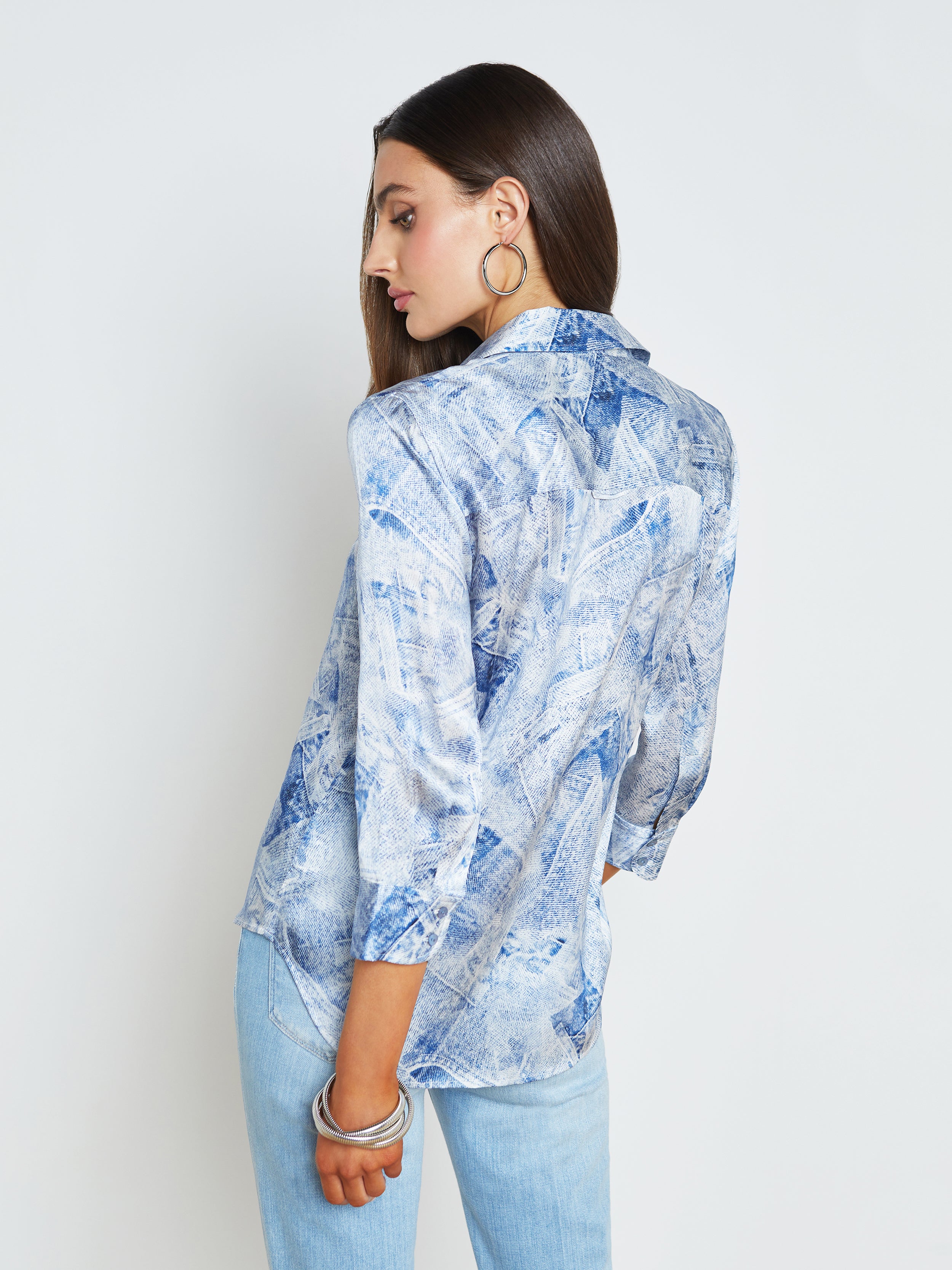 Shop L Agence Dani Silk Blouse In Blue Multi Denim Print