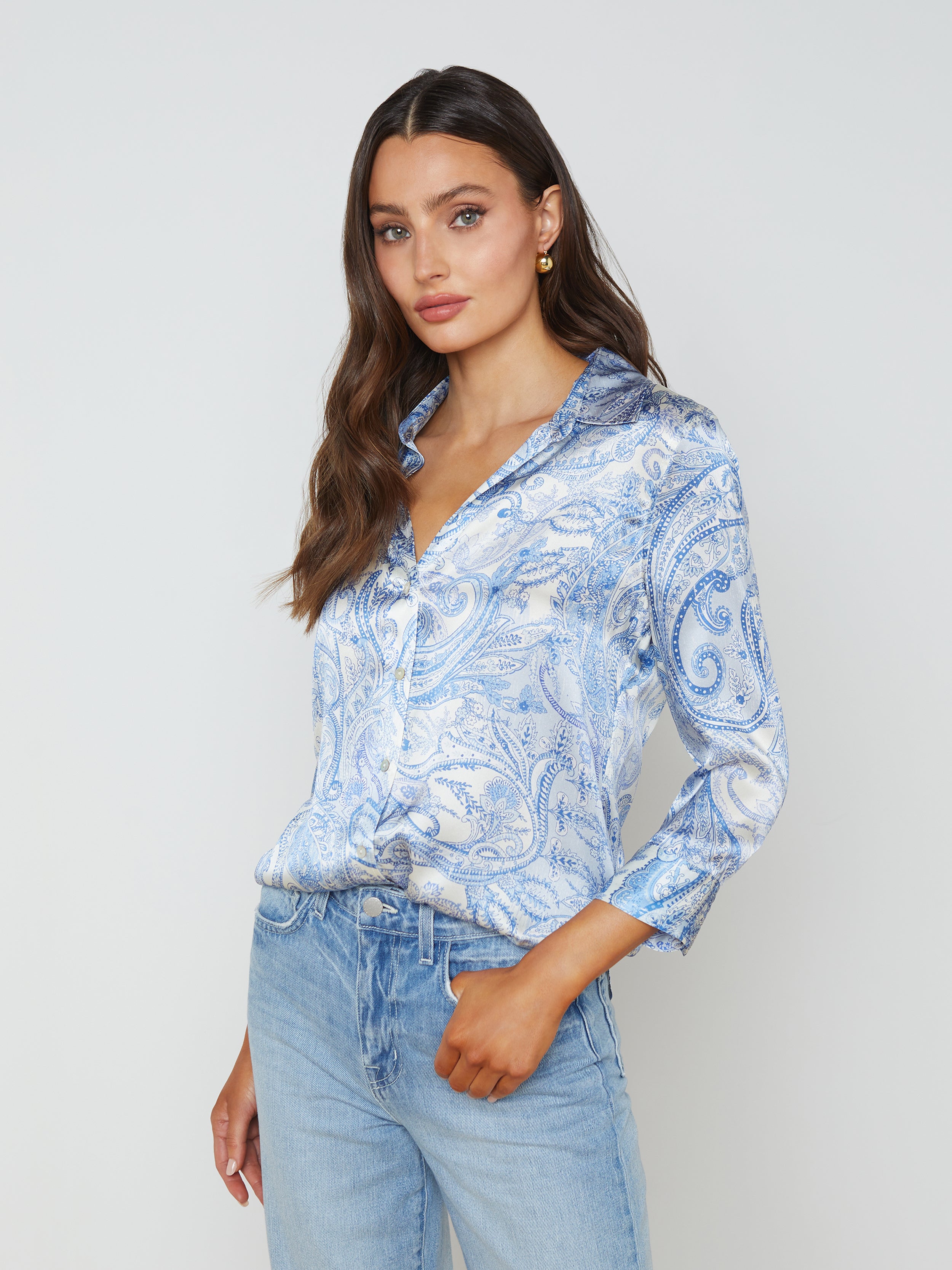 Shop L Agence Dani Silk Blouse In Ivory/blue Decorated Paisley