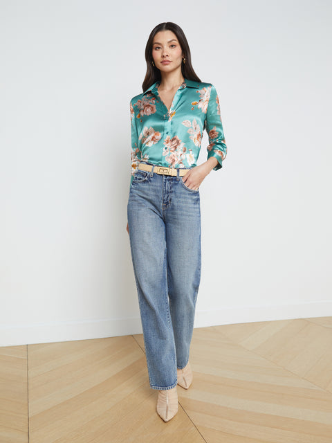 L'AGENCE Ruth Coated Straight-Leg Jean in Green Jasper Coated