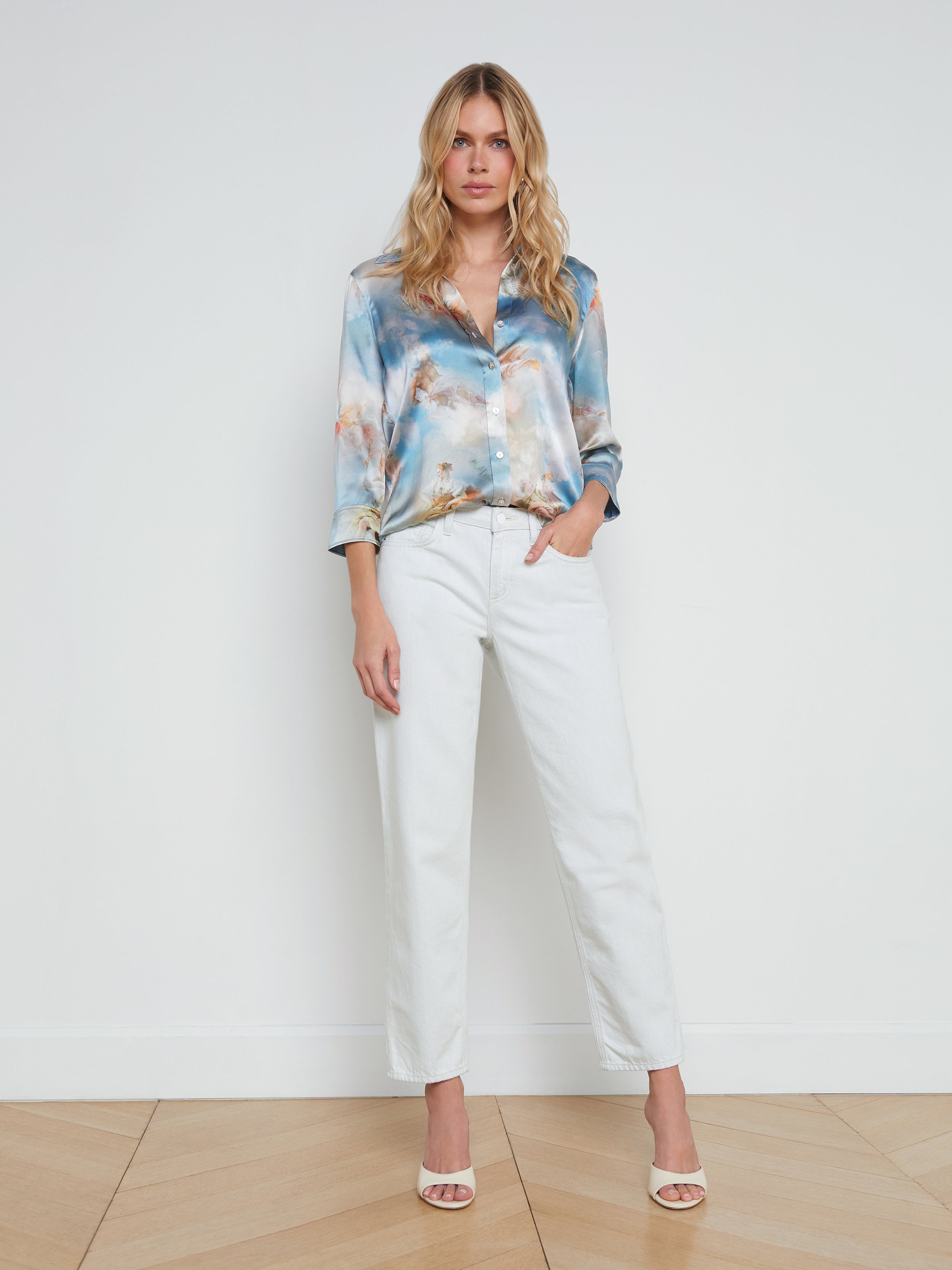 Shop L Agence Dani Silk Blouse In Light Blue Multi Renaissance