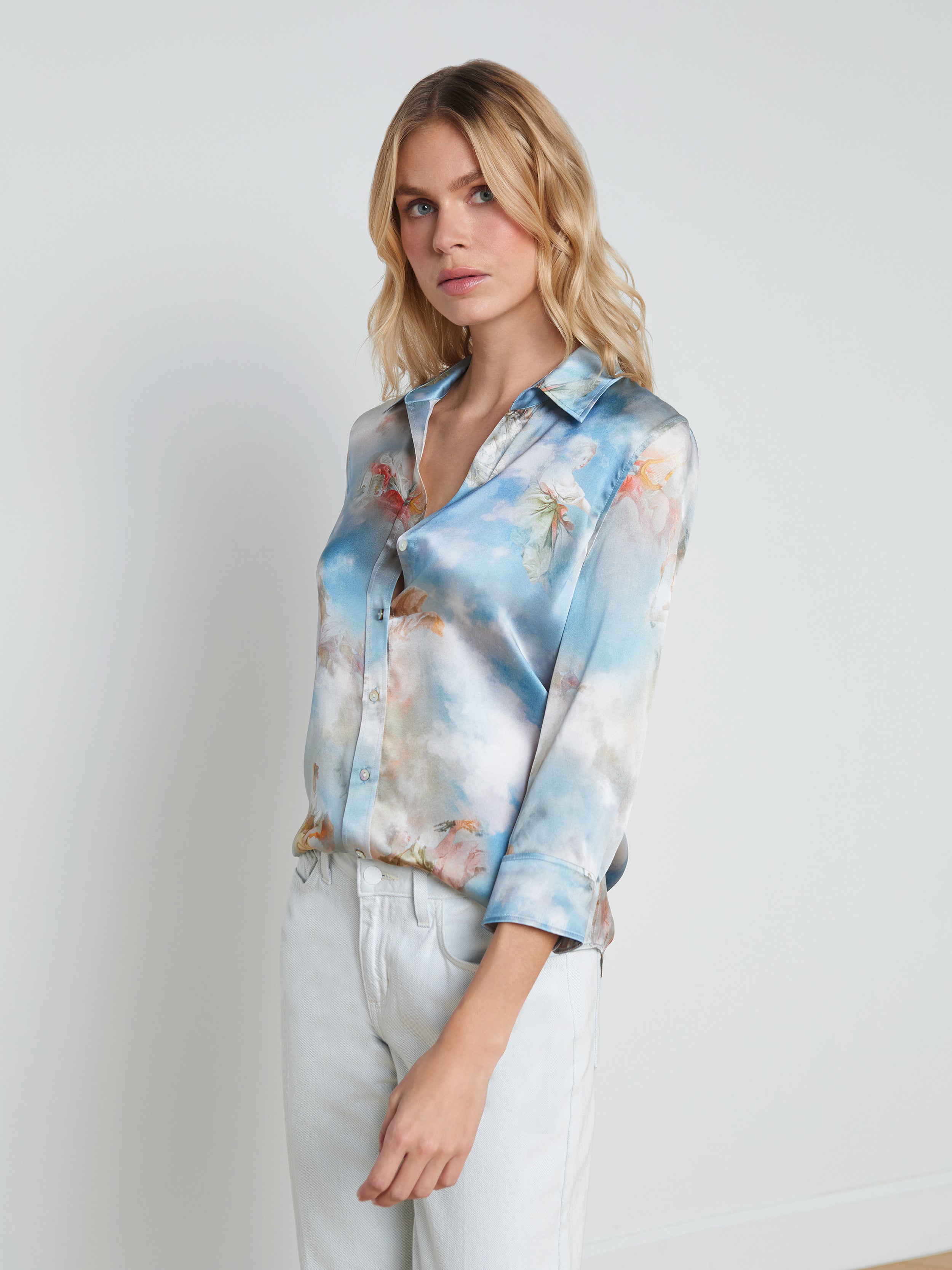 Shop L Agence Dani Silk Blouse In Light Blue Multi Renaissance