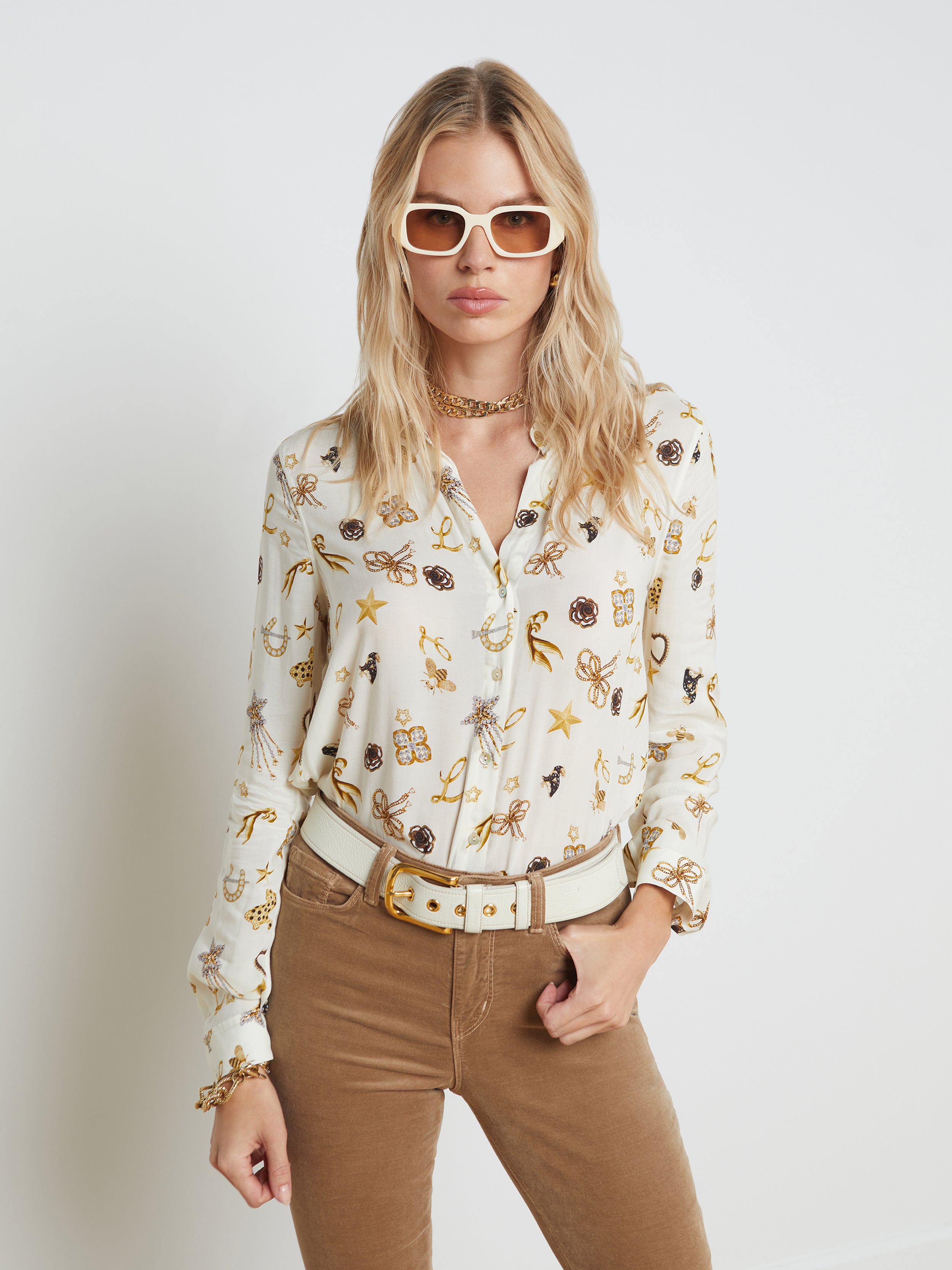 L'AGENCE Holly Blouse in White Multi Butterfly Botanical