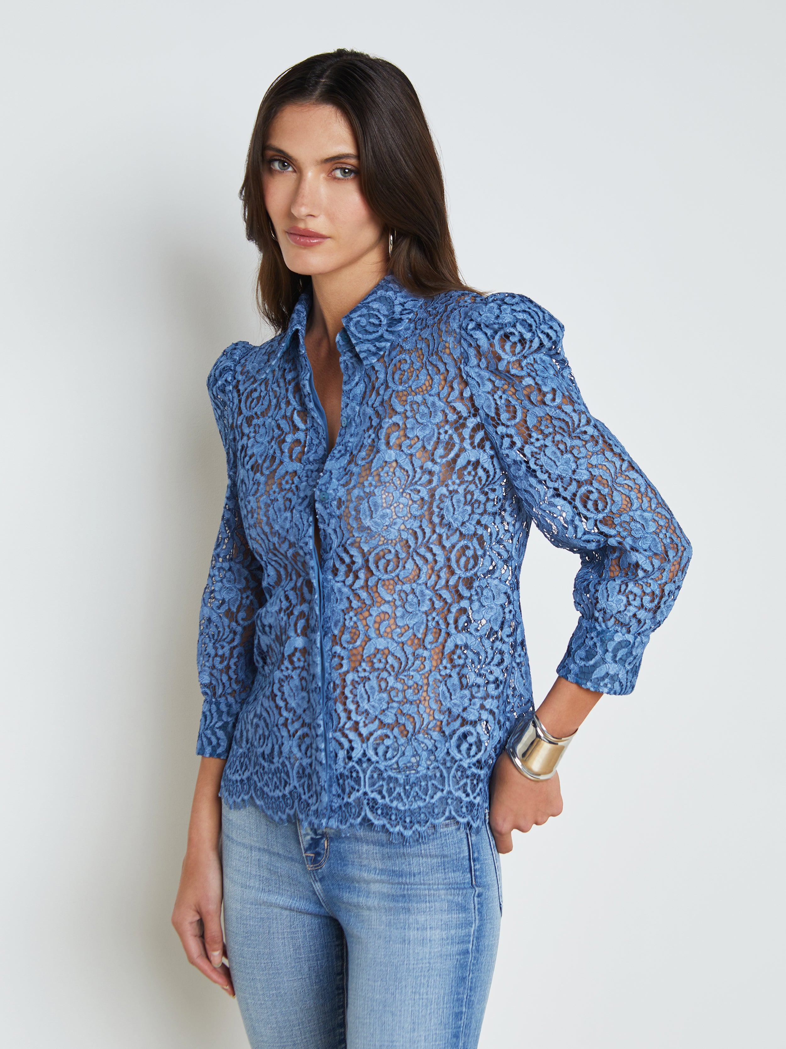 L Agence Andrea Lace Blouse In Blue