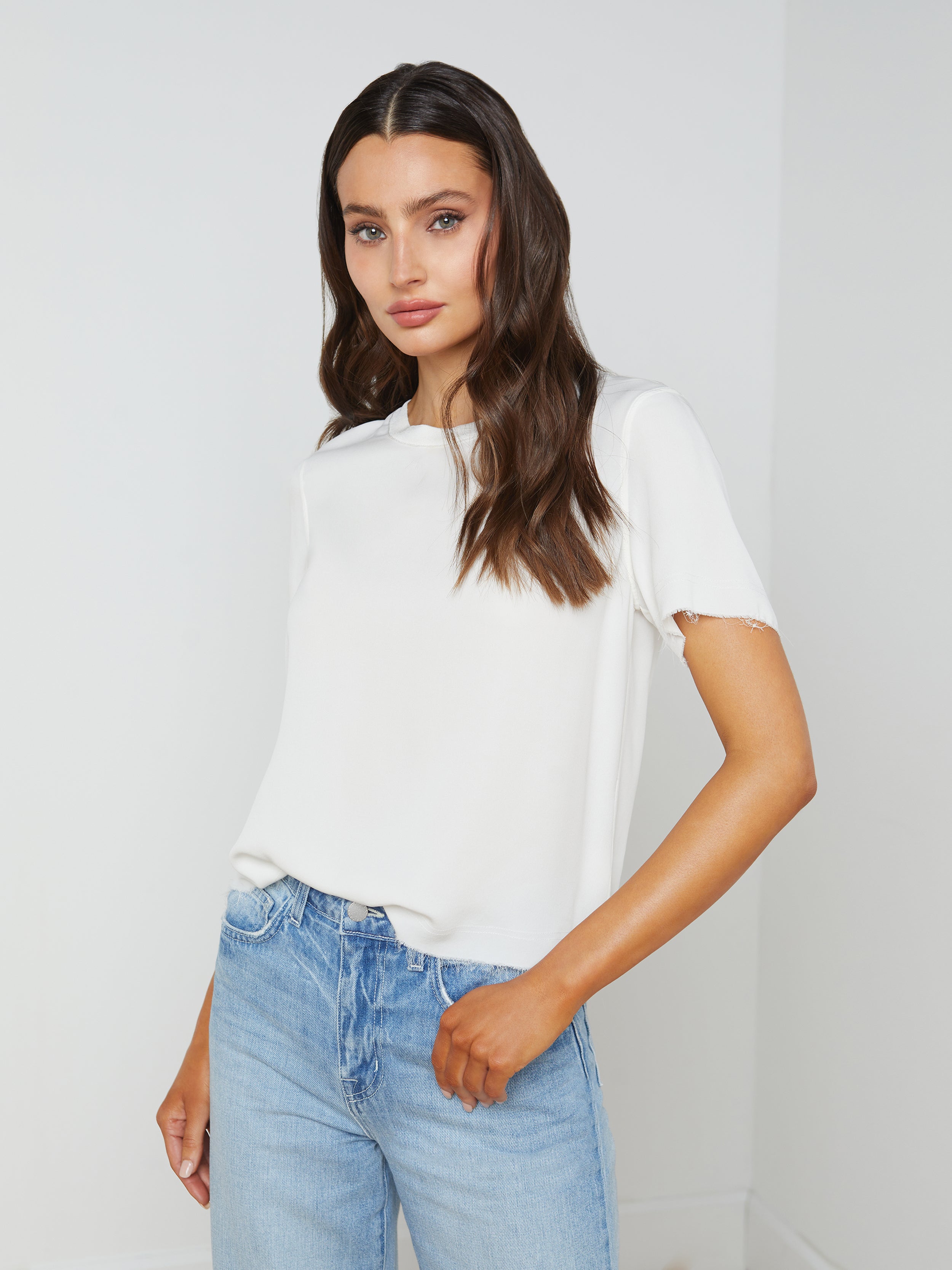 Shop L Agence Suzette Silk Raw-hem Tee In White