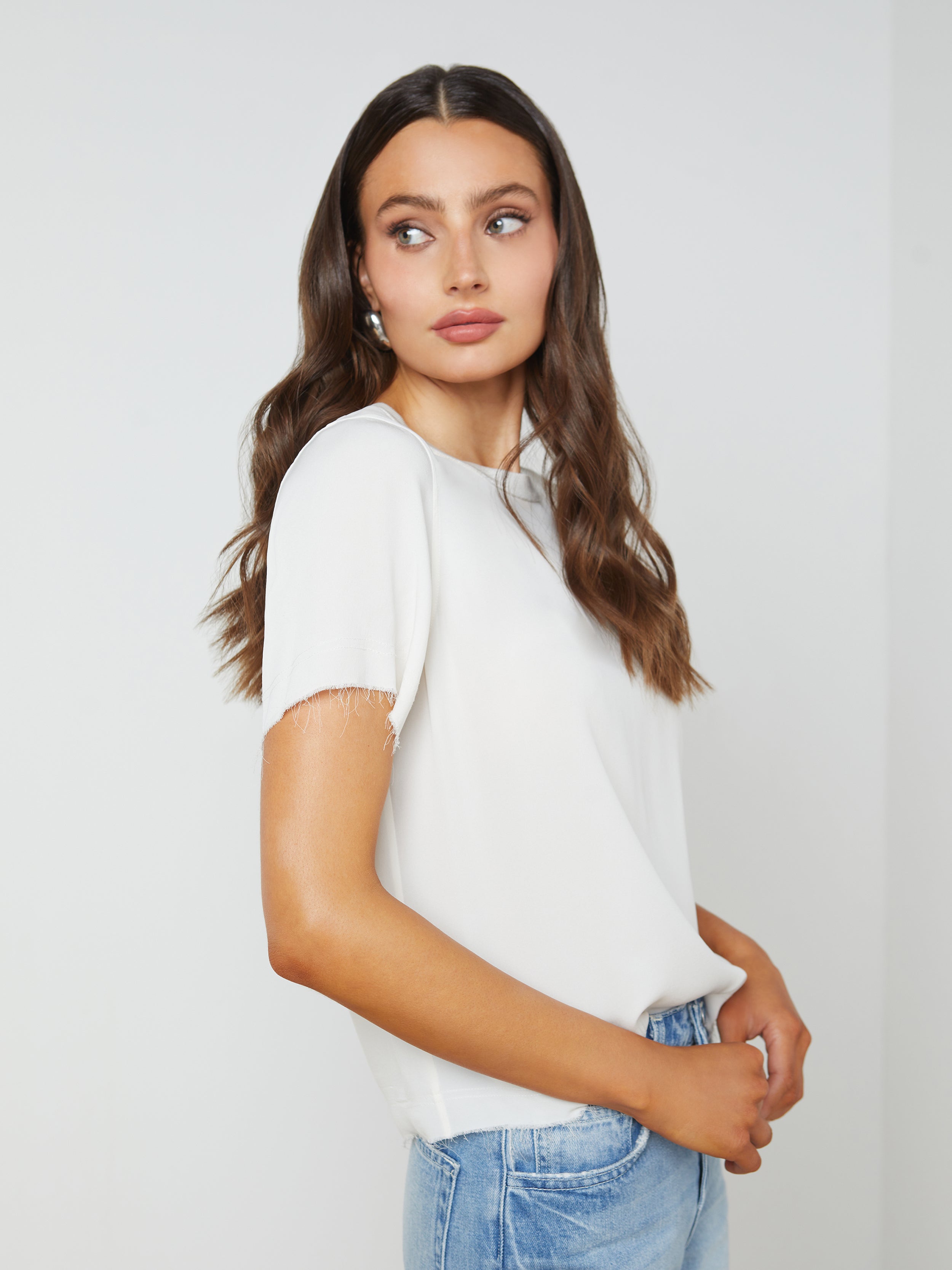 Shop L Agence Suzette Silk Raw-hem Tee In White