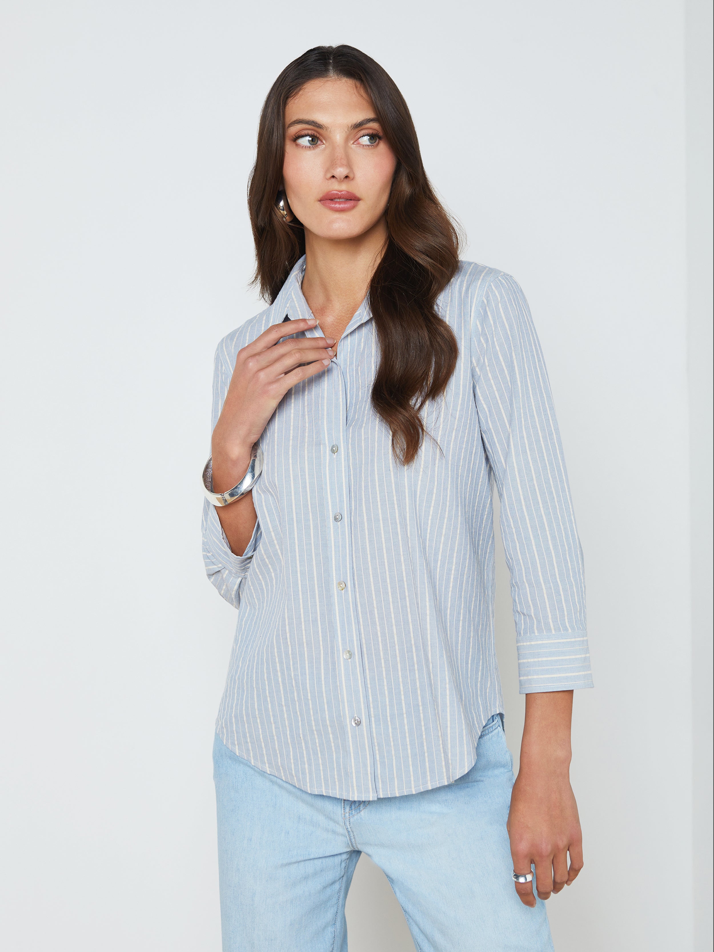 Shop L Agence Daniella Striped Blouse In Light Blue/bone Stripe