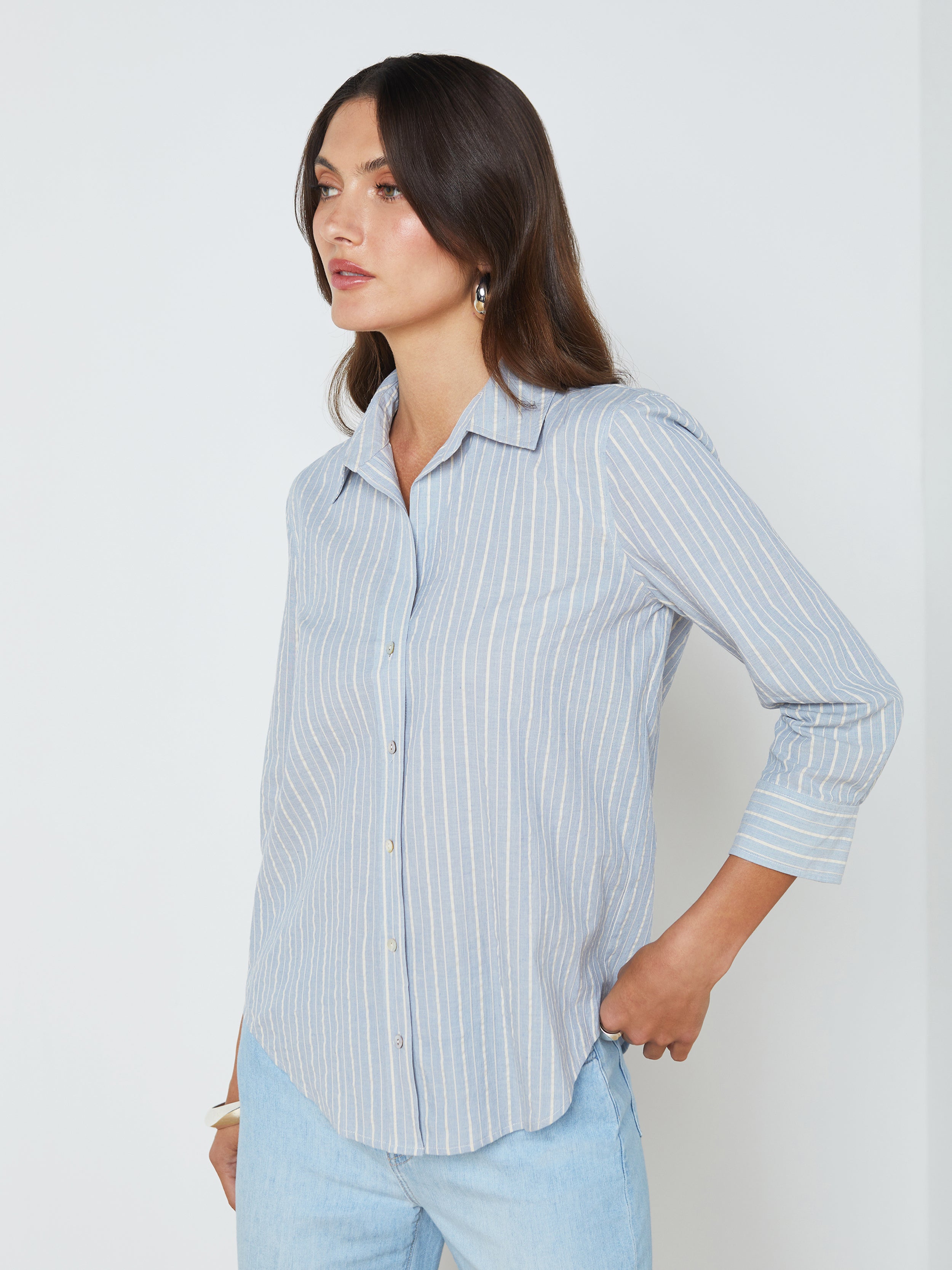 Shop L Agence Daniella Striped Blouse In Light Blue/bone Stripe