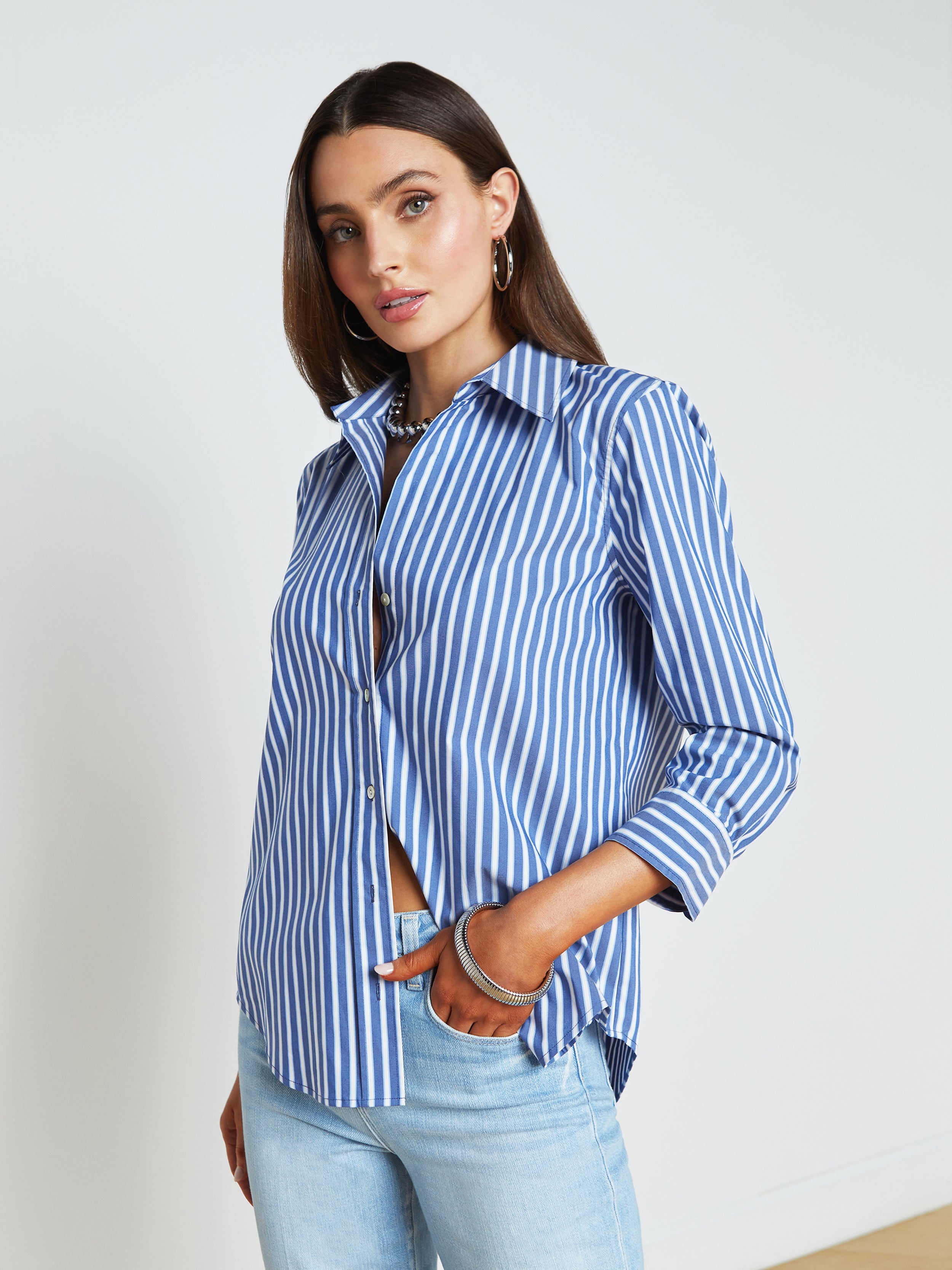 Shop L Agence Daniella Striped Blouse In Navy/blue Stripe