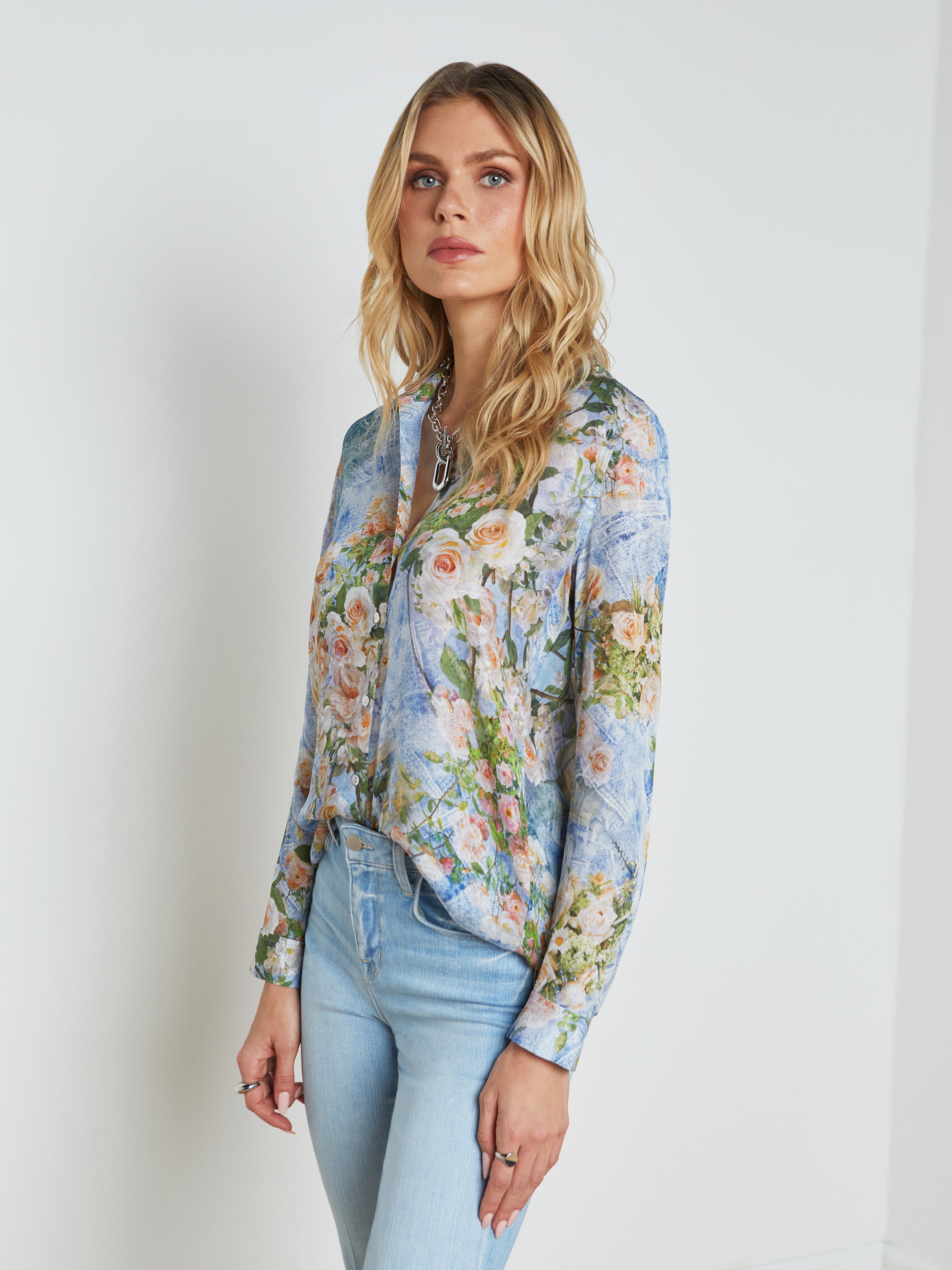 Shop L Agence Nina Silk Blouse In Multi Floral Denim