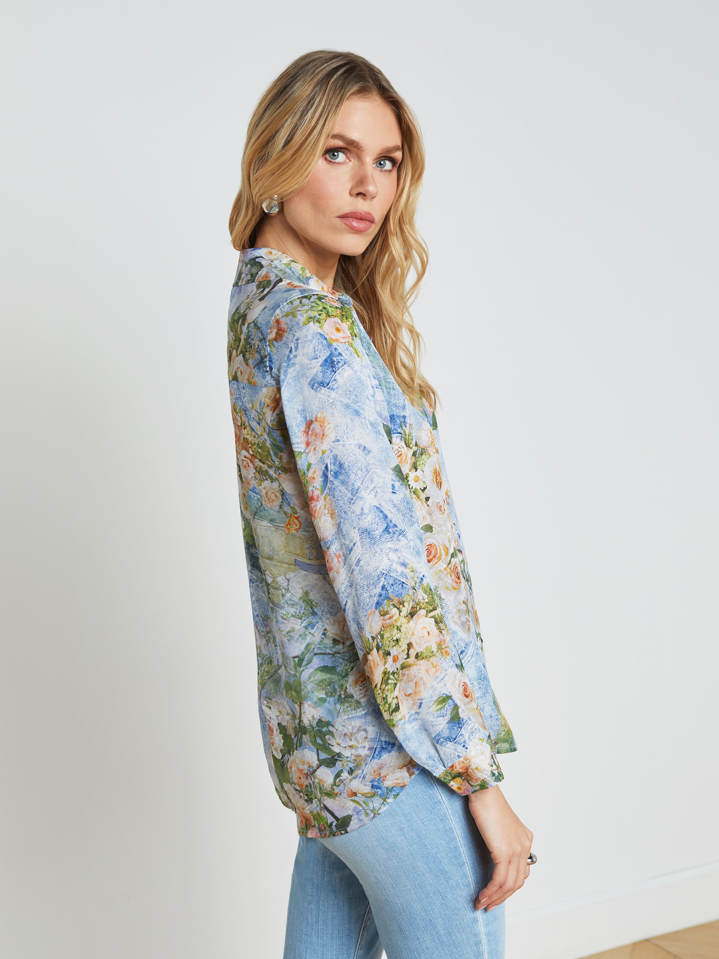 Shop L Agence Nina Silk Blouse In Multi Floral Denim