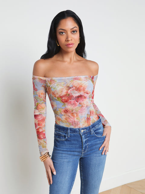 L'AGENCE Blaze Bodysuit in Black Multi Oil Panting Floral