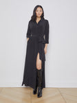 Floor Length Silk 3/4 Sleeves Collared Pocketed Belted Slit Shirt Dress