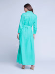 Tie Waist Waistline Linen Gathered Button Front Slit Back Yoke Belted Pocketed Shirt Maxi Dress