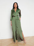 Elasticized Tie Waist Waistline Pocketed Belted Slit Shirt Maxi Dress