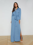 Belted Slit Pocketed Linen Elasticized Tie Waist Waistline Shirt Dress