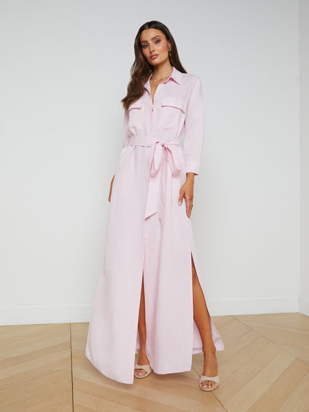 Elasticized Tie Waist Waistline Linen Belted Pocketed Slit Shirt Dress