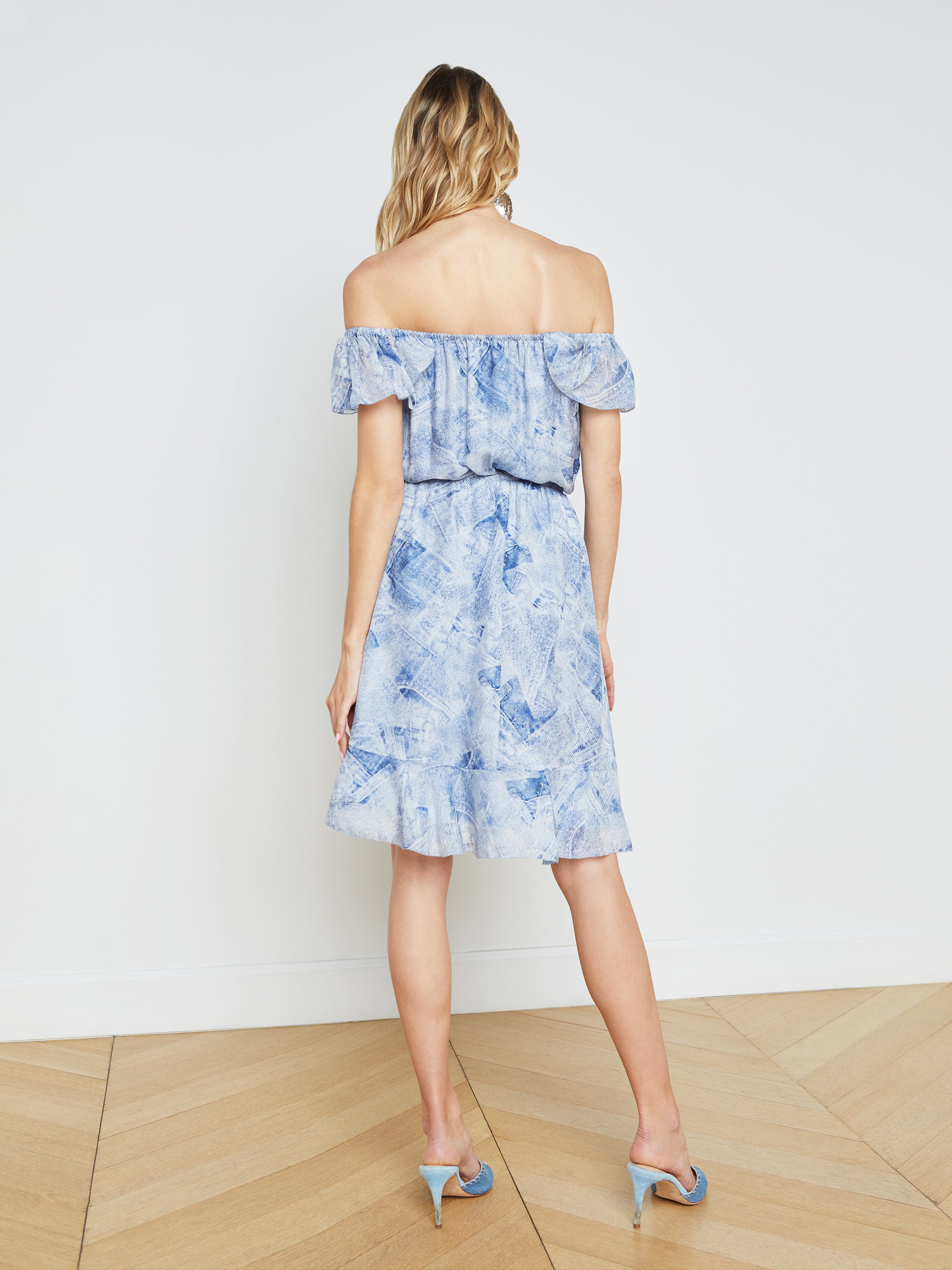 Shop L Agence Leonie Silk Off-the-shoulder Dress In Blue Multi Denim Print