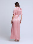 Gathered Pocketed Back Yoke Slit Belted Button Front Tie Waist Waistline Short Shirt Maxi Dress