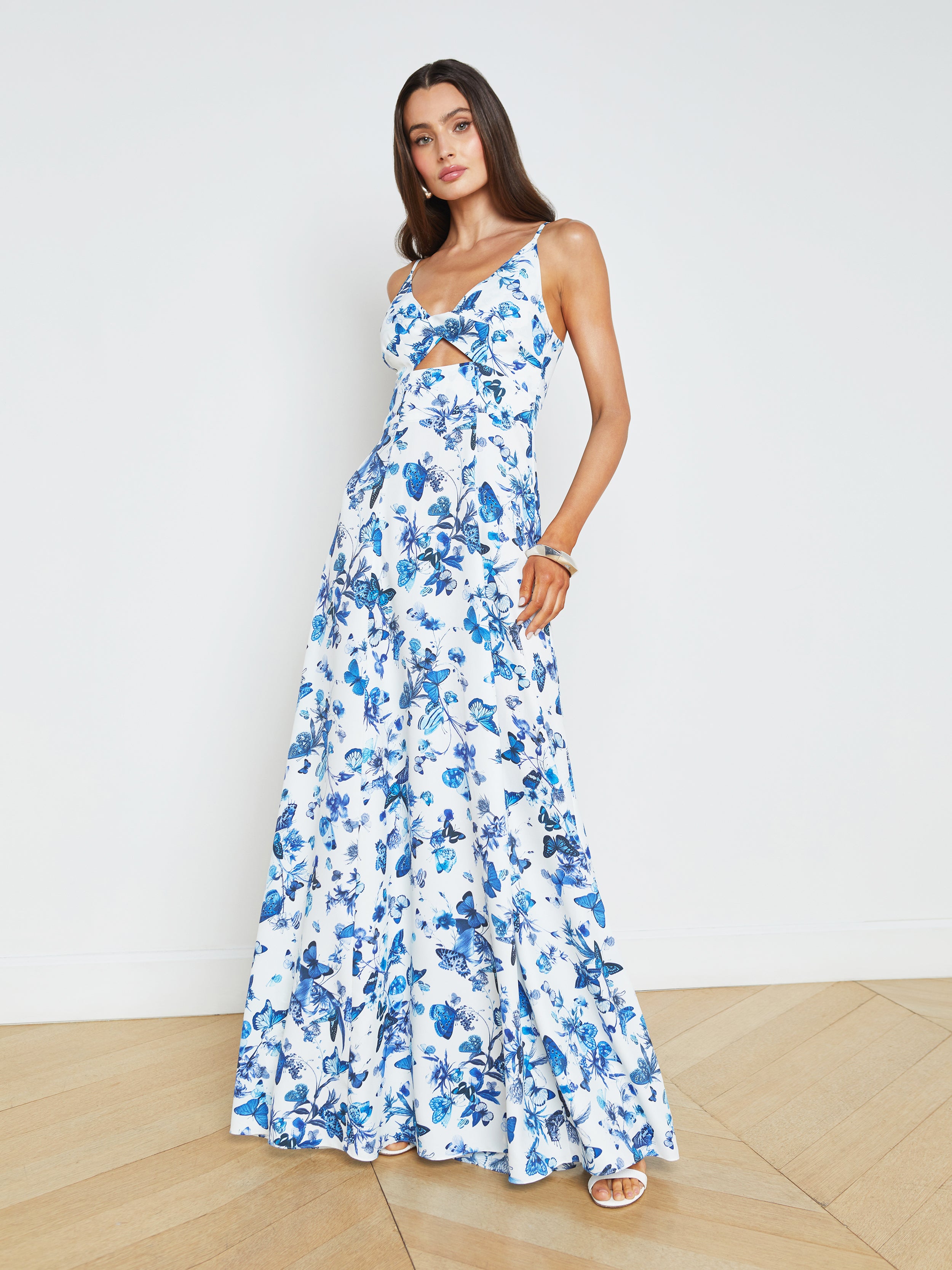Shop L Agence Porter Twist-front Dress In White/blue Tonal Butterflies