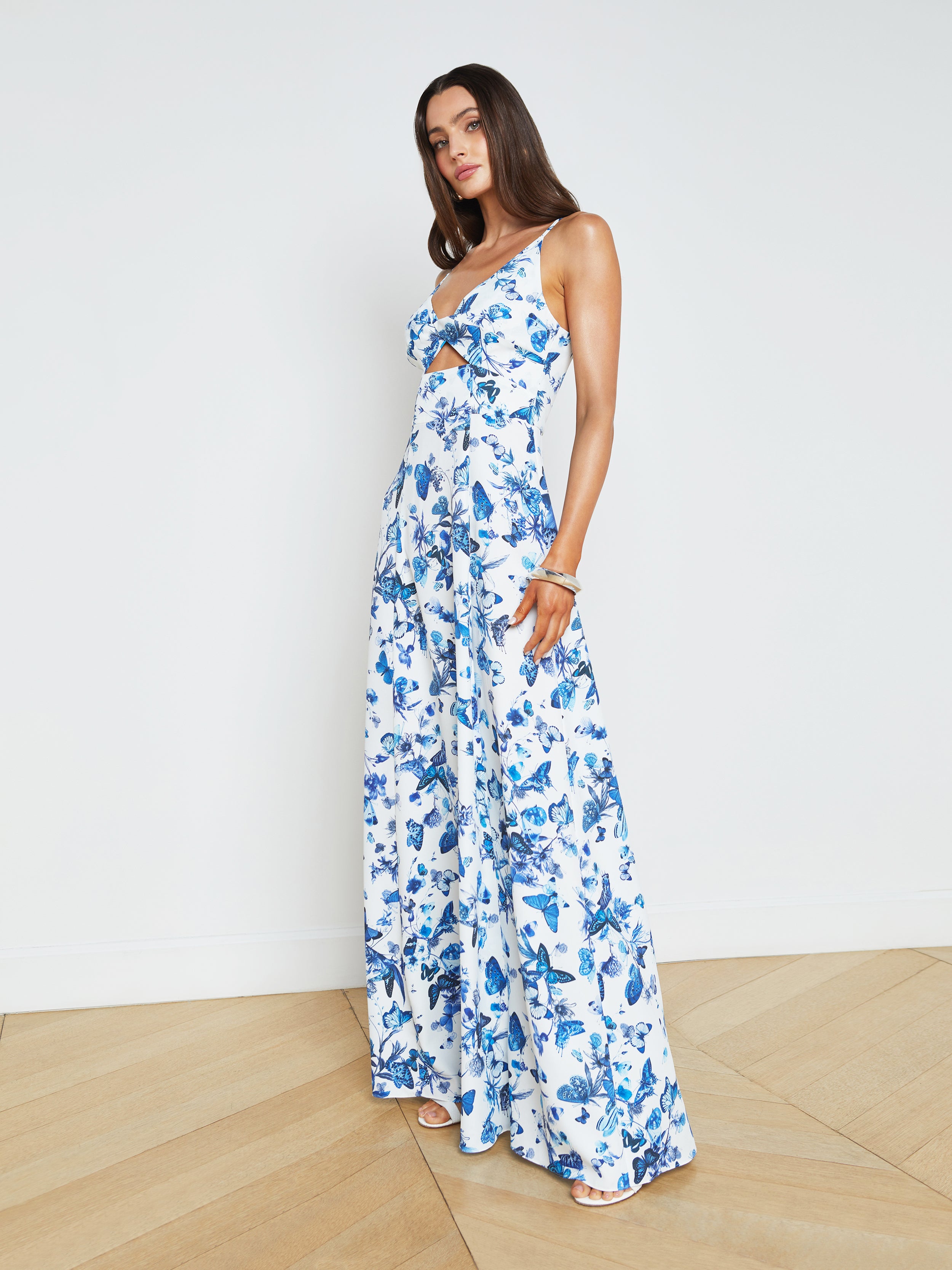 Shop L Agence Porter Twist-front Dress In White/blue Tonal Butterflies