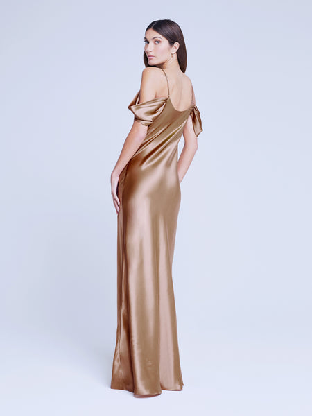 Off the Shoulder Floor Length Cowl Neck Draped Dress