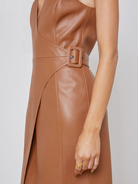 V-neck Faux-Leather Slit Self Tie Wrap Asymmetric Fall Dress
